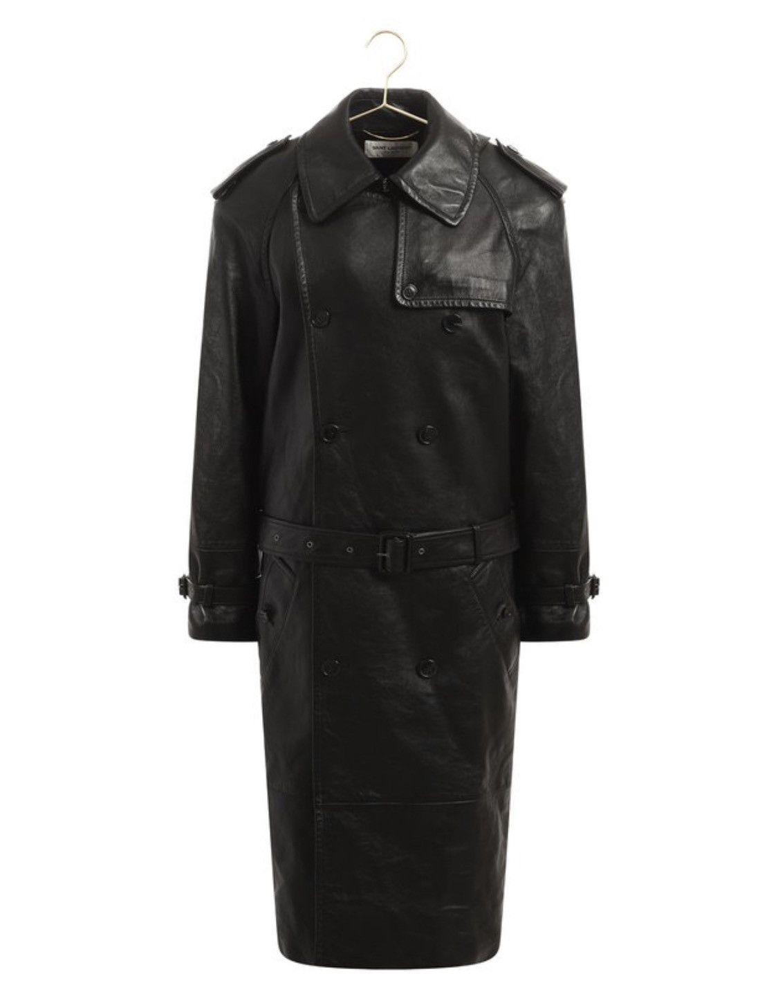 image of Saint Laurent Paris Saint Laurent Leather Biker Double Breasted Trench Coat in Black (Size Small)