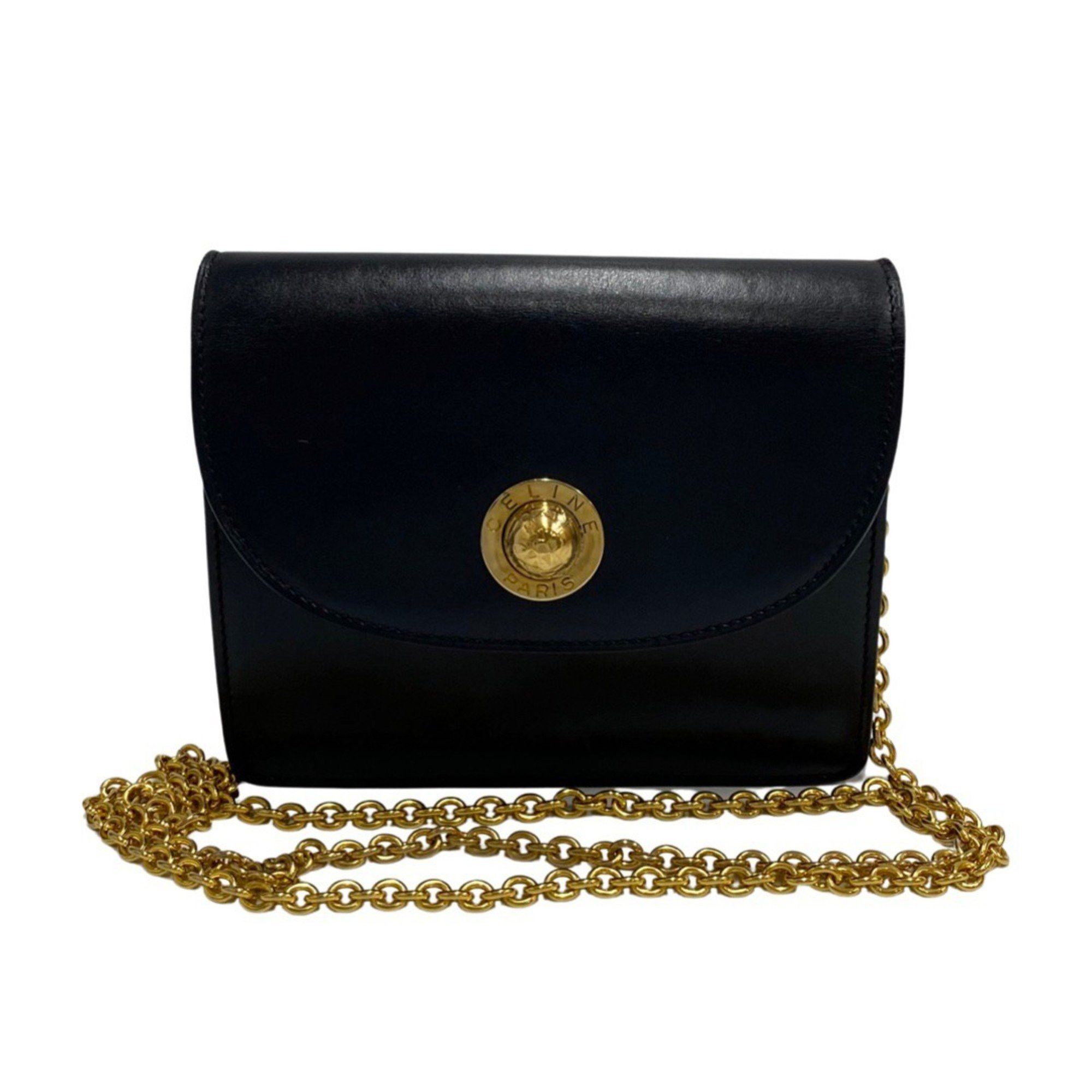 image of Celine Vintage Star Ball Logo Metal Fittings Calf Leather Genuine Chain Mini Shoulder Bag Navy in G