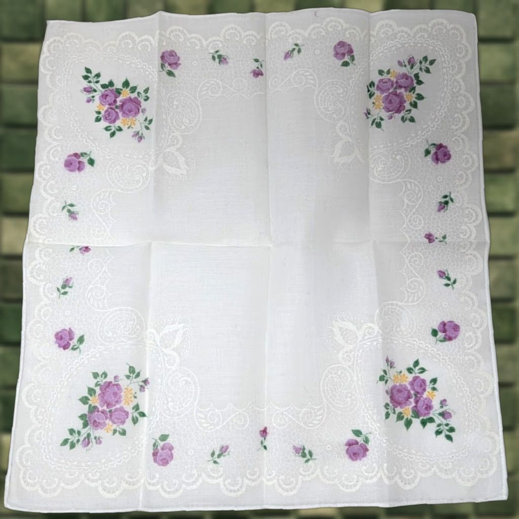 Vintage VTG White Purple Rose Floral Flowers Faux Lace Formal Sheer Handkerchief Hankie Women's Hankie Medical/Nurse? Size ONE SIZE - 1 Thumbnail