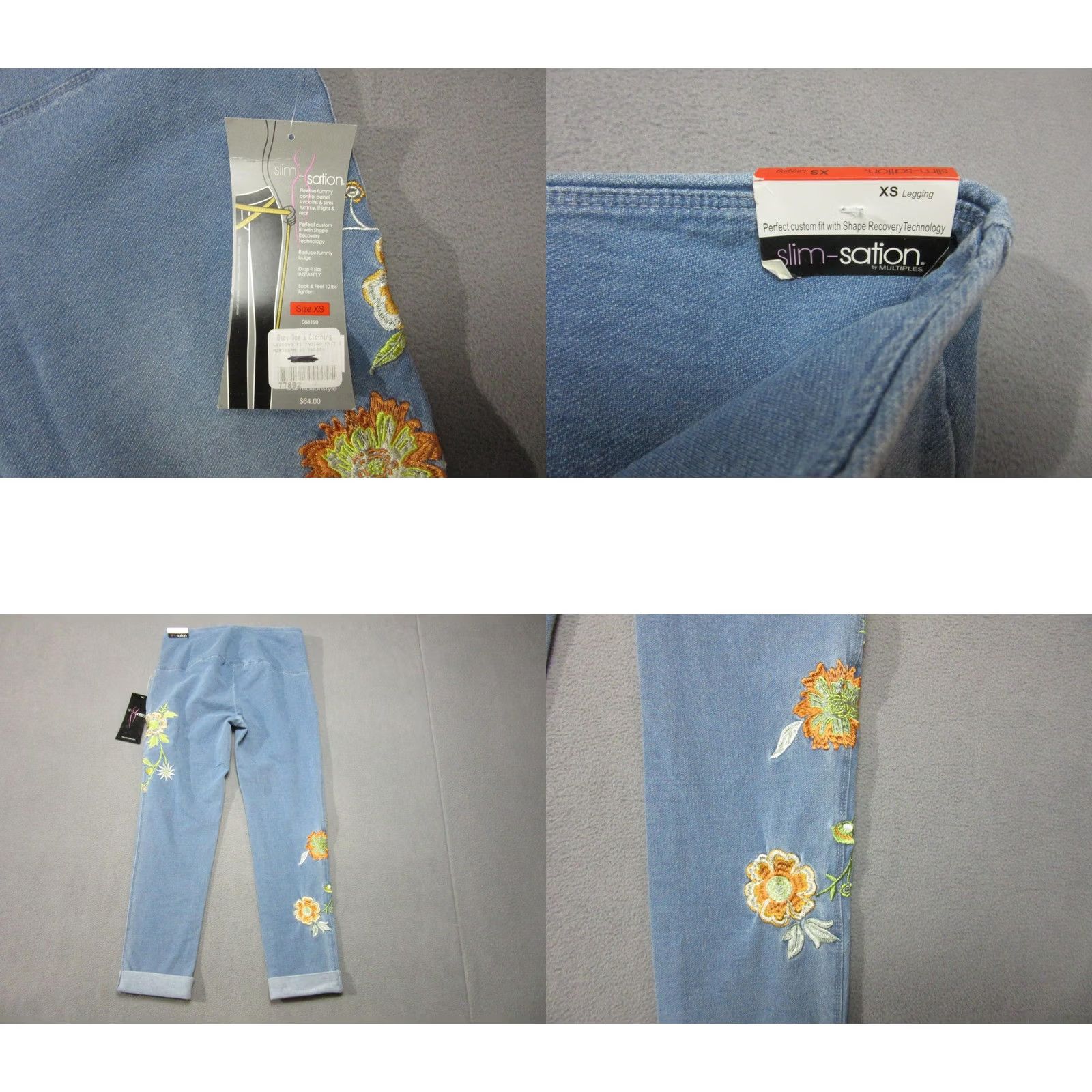 Vintage Slim-Sation Womens XS Pull-On Leggings Floral Embroidered Light Blue Knit Denim-Style Shaping Slimming Tummy Control Casual Size 26" / US 2 / IT 38 - 8 Thumbnail