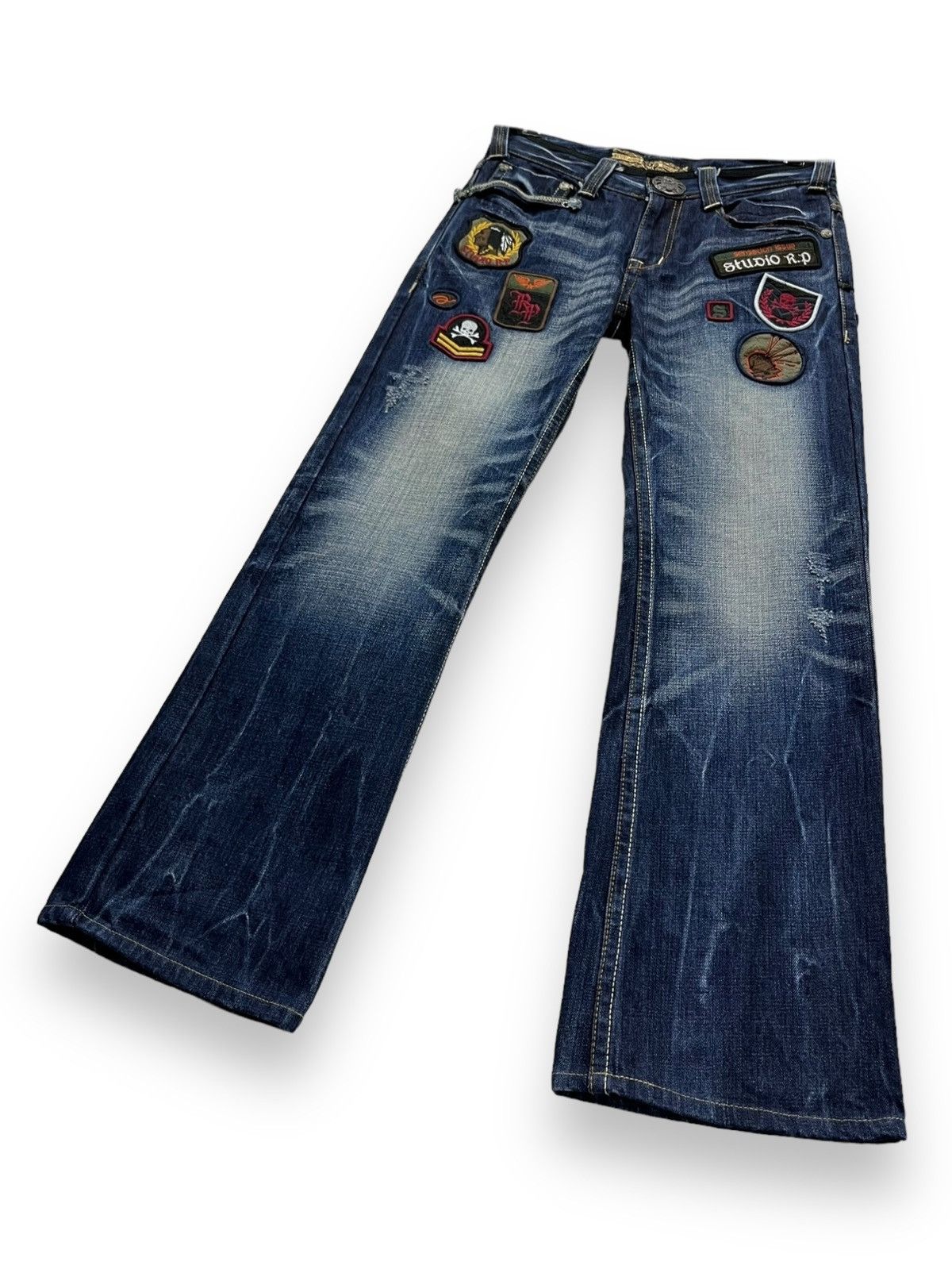 STUDIOUS FYE🔥STUDIO RP Punk Skull Patches Whiskered Blue Flare Denim Size US 28 / EU 44 - 6 Thumbnail
