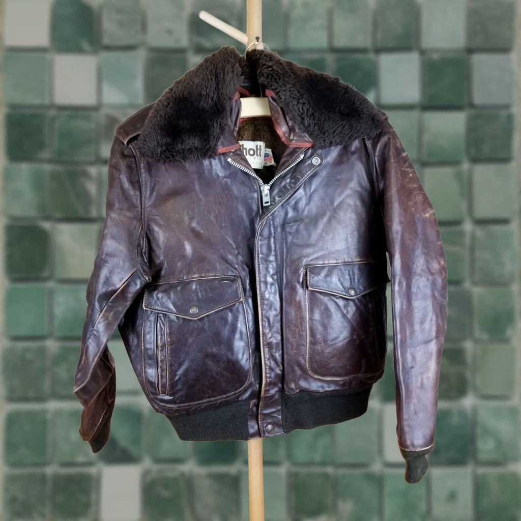 Schott VINTAGE Schott G-1 STYLE FLIGHT LEATHER JACKET SZ 44 WITH LINING Jacket Men Brown 70s Military Motorcycle Lined Size US S / EU 44-46 / 1 - 1 Thumbnail