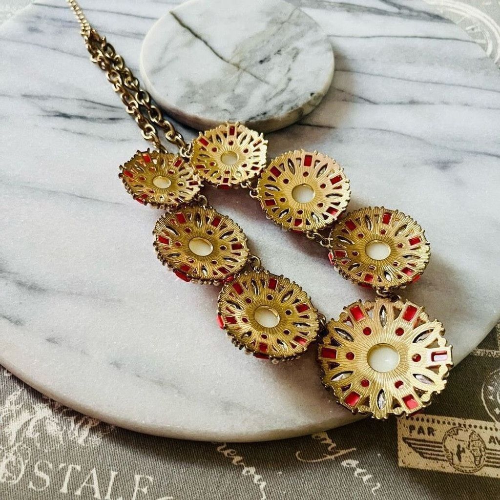 Jewelry Glam Statement Necklace Coral Red Faux Pearl Round Link Size ONE SIZE - 9 Thumbnail
