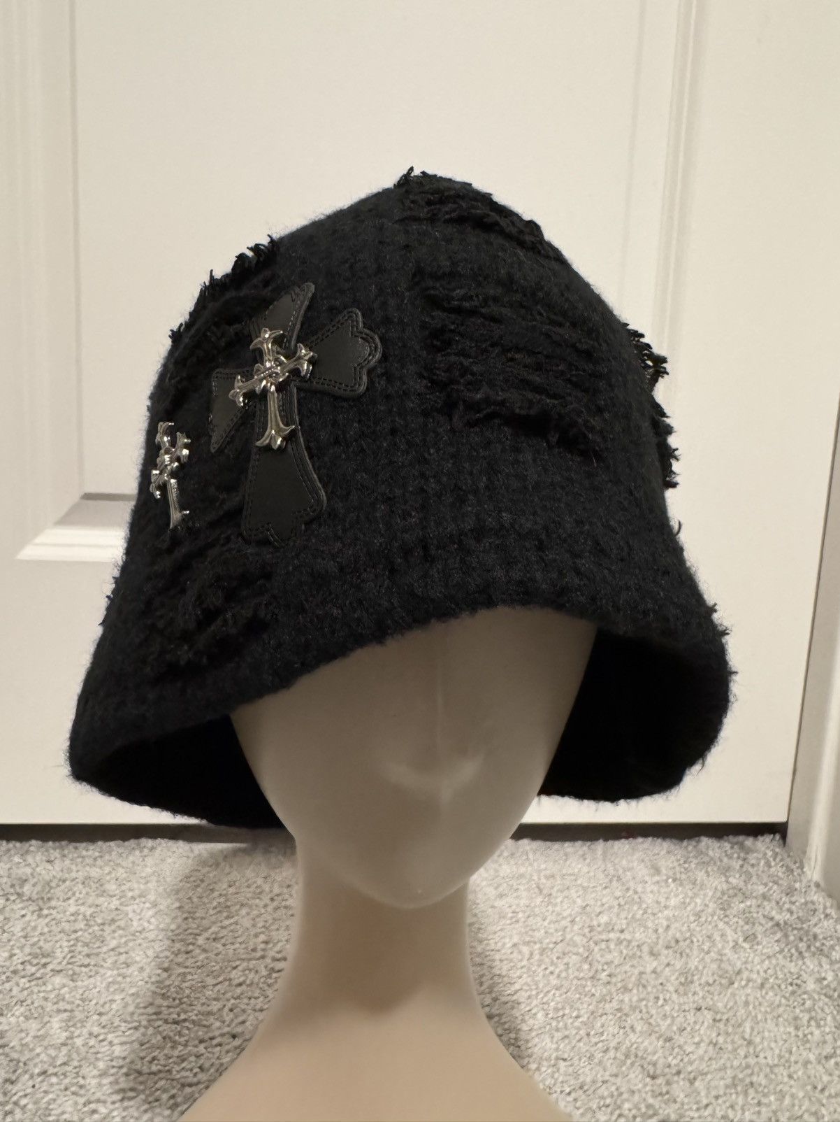 Distressed Silver Cross Patch Knit Beanie