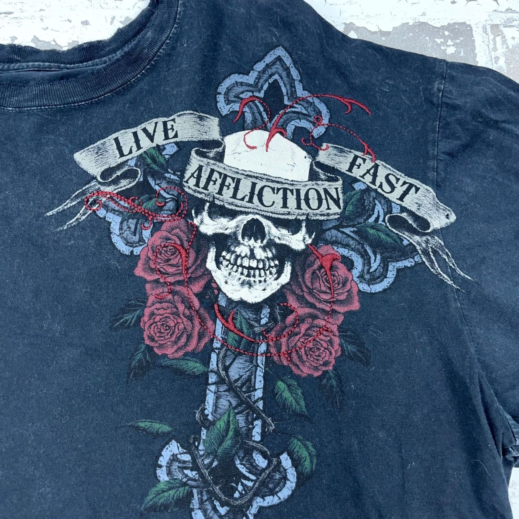 Affliction Affliction Shirt Men XXL Black Tee Live Fast MMA Tattoo Skull Cross Wings AOP Shirt Men 2XL Black Skull Tattoo AOP Size US XXL / EU 58 / 5 - 6 Thumbnail