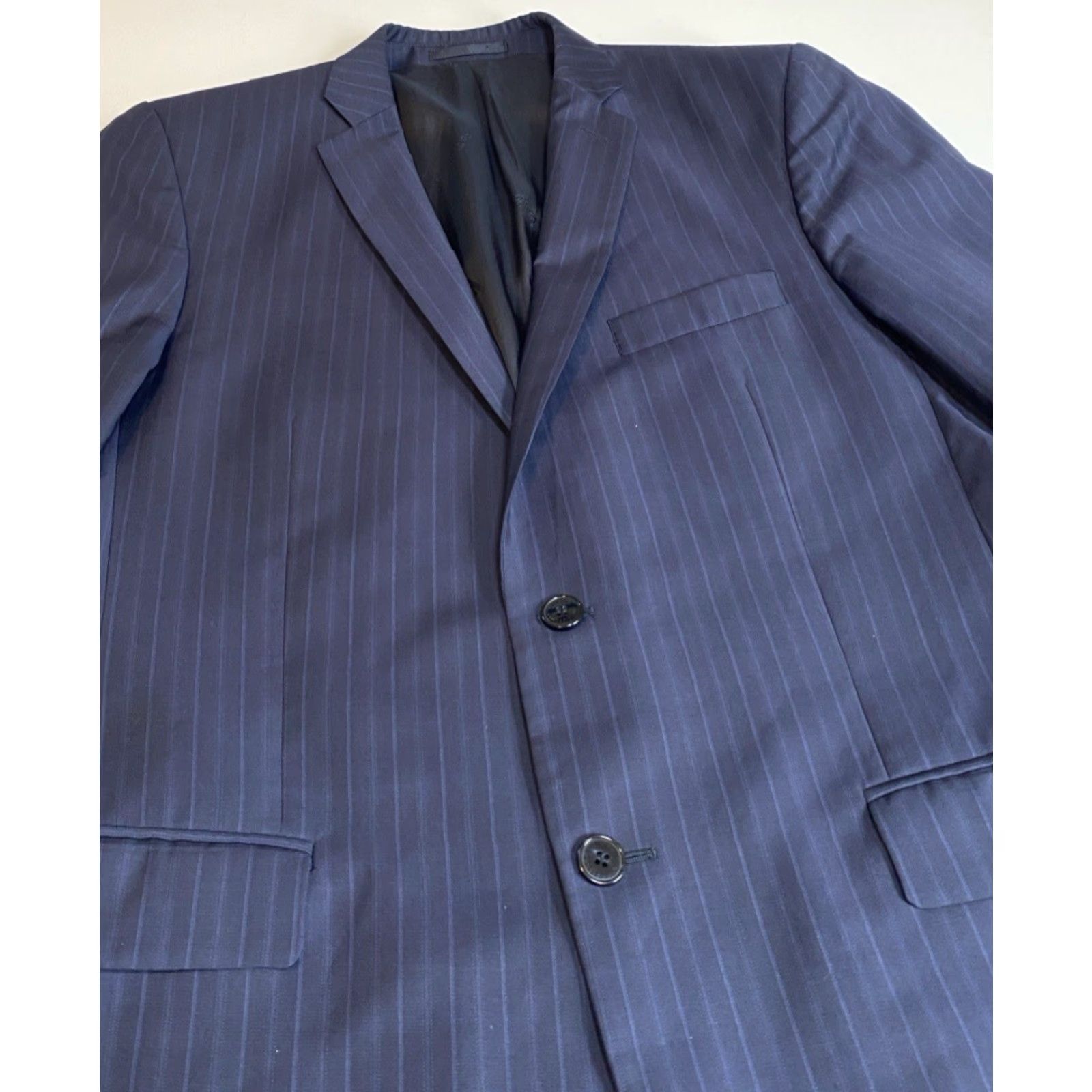 Versace VINTAGE Versace Collection Men's Wool Suit Jacket Navy 40 IT 50 Single-Breasted Two-Button Striped 3-Button Sleeve Regular Adult Mens Size 40R - 7 Thumbnail