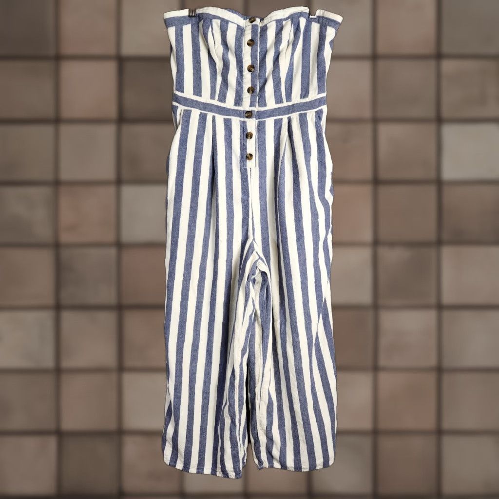 American Eagle Outfitters American Eagle Outfitters Jumpsuit Womens Striped Linen Blend Wide Leg Cropped M Blue White Casual Beach Vacation 90s? No. Size 32" / US 10 / IT 46 - 1 Thumbnail