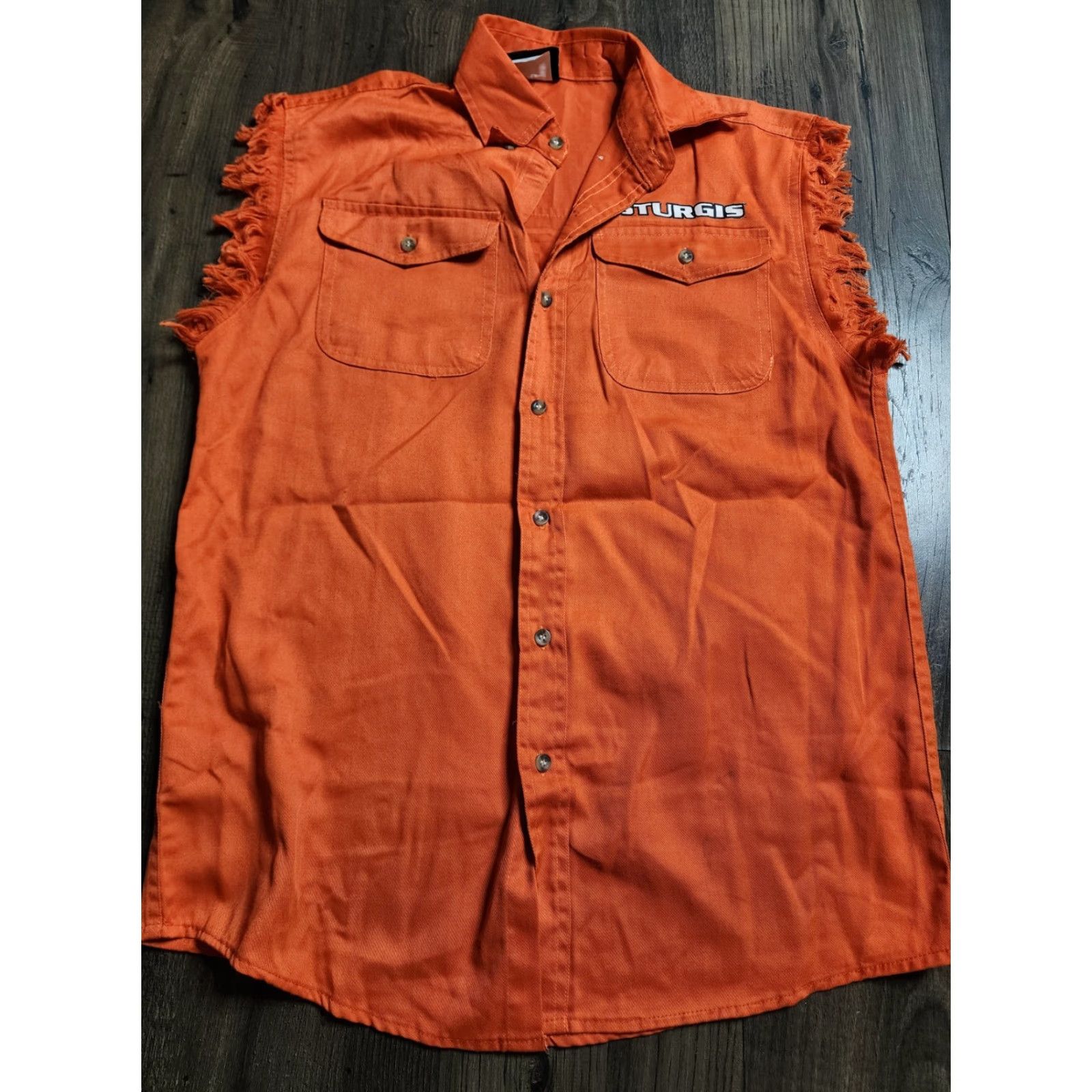 Doublet VEST Biker Pride Mens M Orange 2016 Sturgis Black Hills SD Cut Off Distressed Double-Sided Button-Up Collared Size US M / EU 48-50 / 2 - 4 Thumbnail
