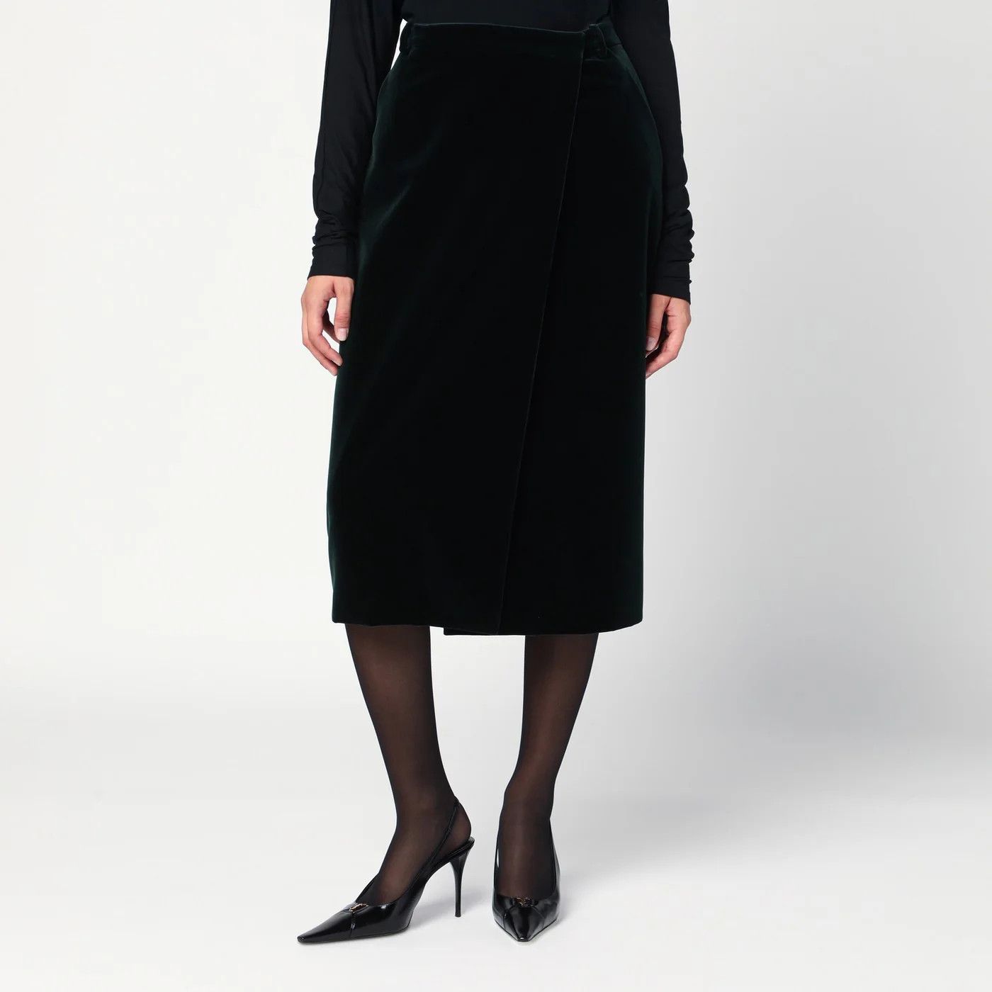 Saint Laurent Paris o1d2blof0526 Velvet Wrap Midi Skirt in Dark Green Size 27" / US 4 / IT 40 - 1 Thumbnail