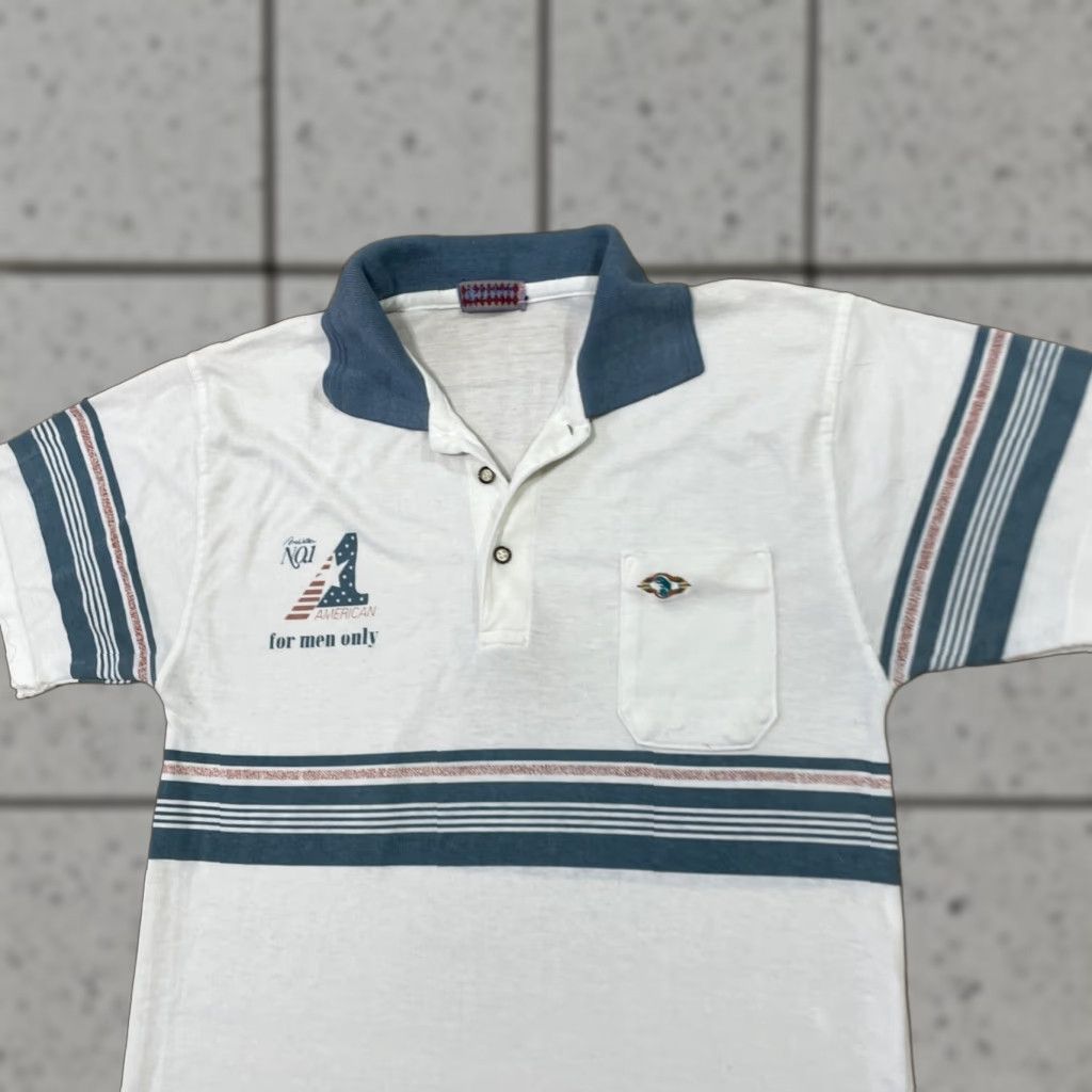 Vintage VINTAGE Polo Shirt Men M American Blue Cotton Blend Knit Button Short Sleeve Collared Geometric Graphic Spellout Classic Stretch Famous 90s? Size US M / EU 48-50 / 2 - 1 Thumbnail