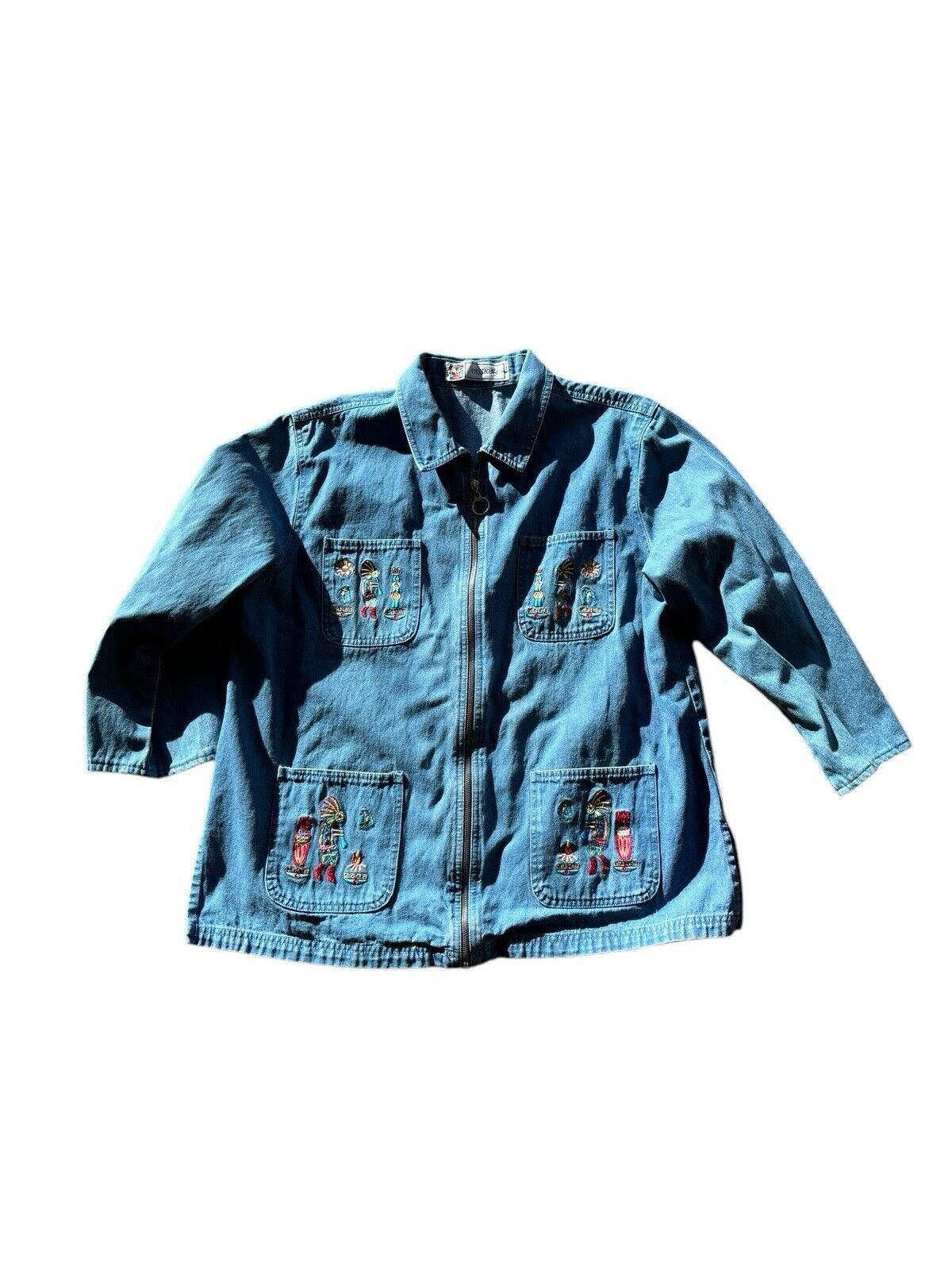 Vintage Passion 1 Kokopelli Embroidered Denim Zip Up Jacket Vintage Size XL / US 12-14 / IT 48-50 - 1 Thumbnail