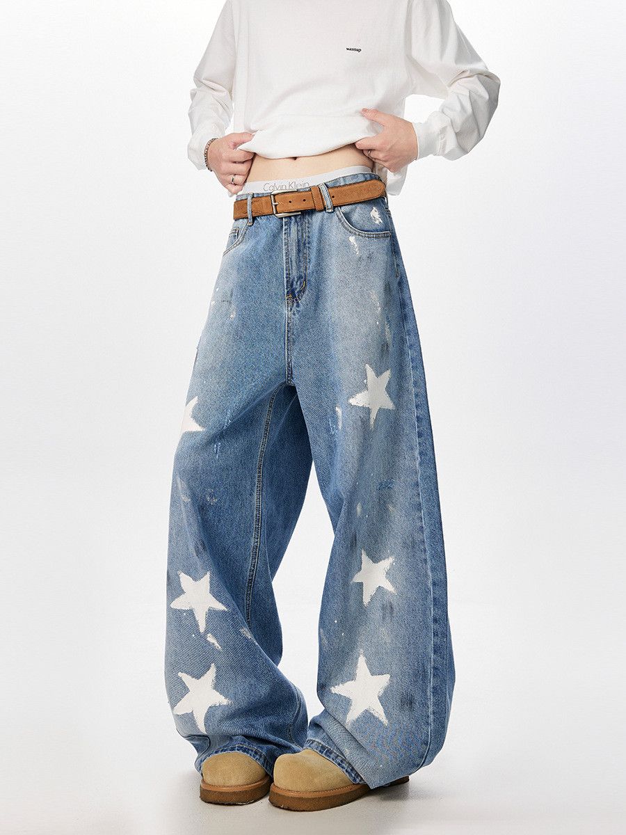 Japanese Brand American Star Graffiti Print Loose Casual Curved-Leg Jeans Size US 32 / EU 48 - 2 Thumbnail