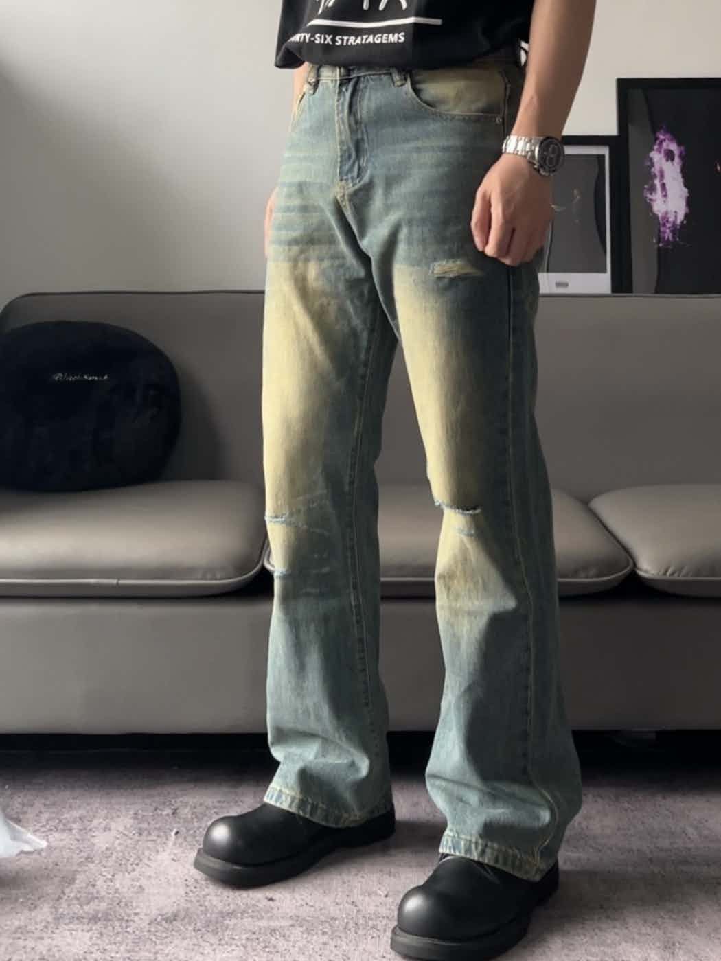 ripped damaged faded punk flared jeans