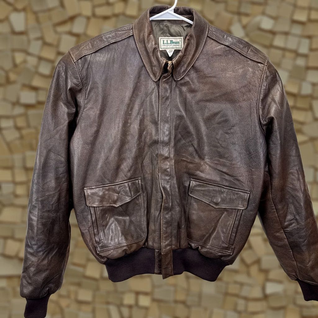 Vintage VINTAGE LL Bean Bomber Jacket Brown Leather Goatskin Wool Trim USA Aviator Size 46 Men Size US S / EU 44-46 / 1 - 1 Thumbnail
