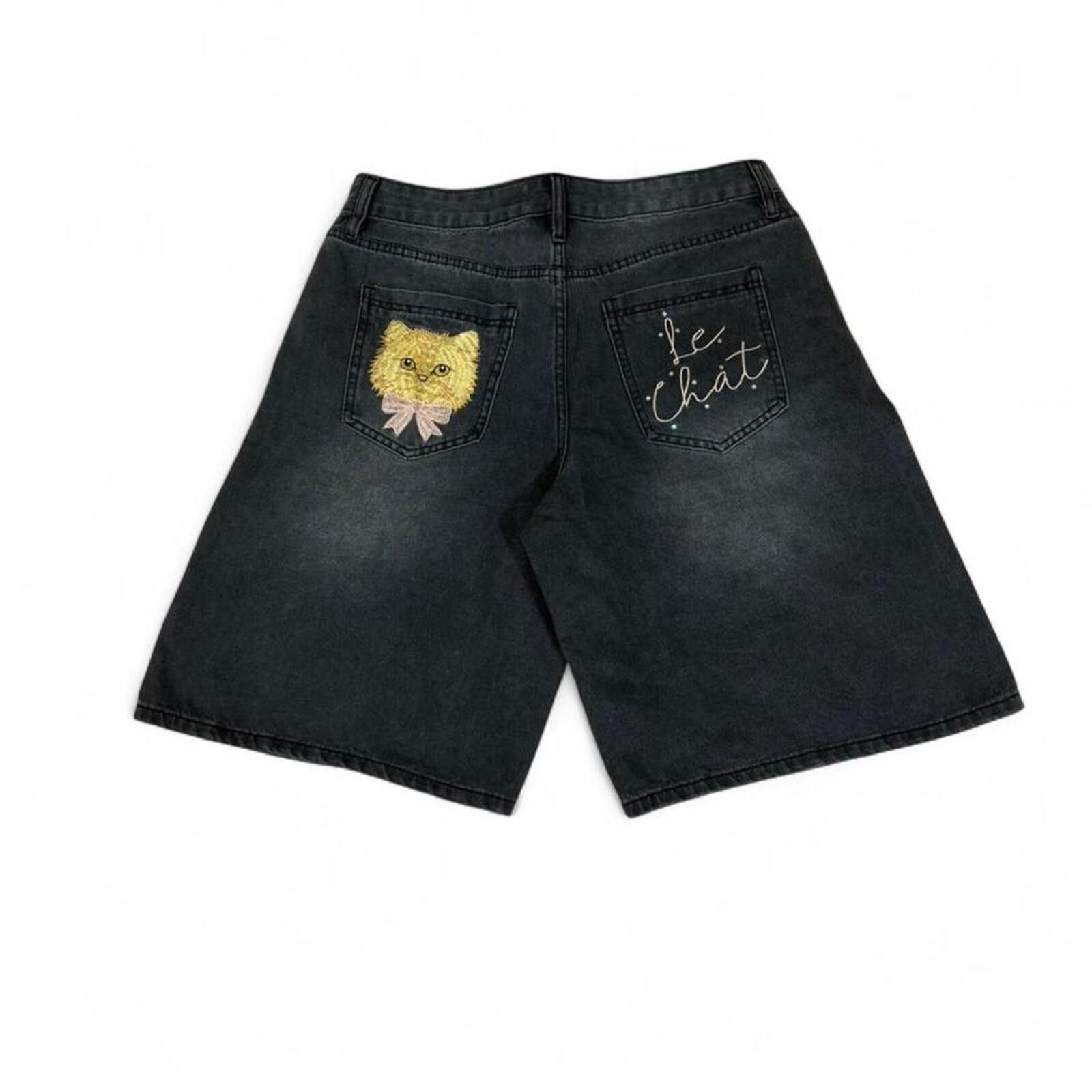 True Religion Black denim shorts with embroidered cat design Size 34" / US 12 / IT 48 - 1 Thumbnail