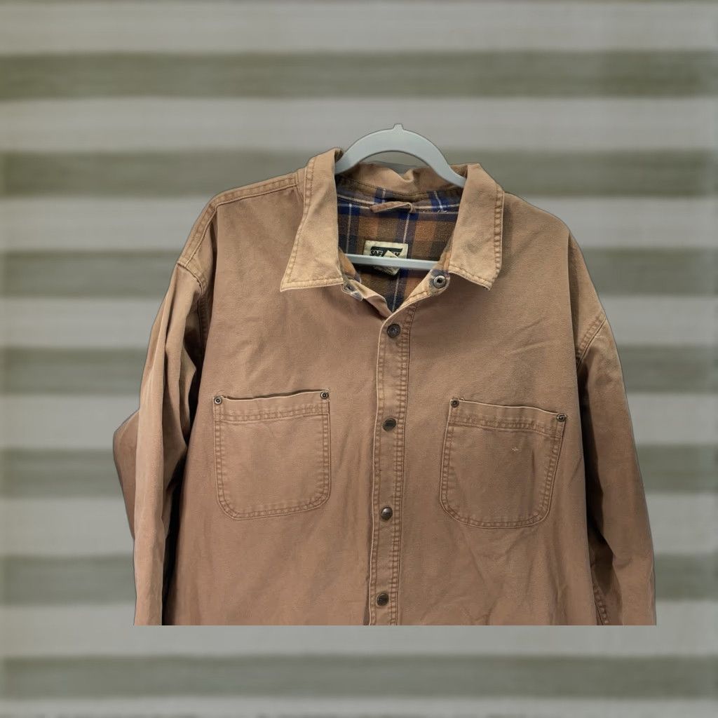 SafTbak Saftbak Shirt Jacket Shacket Men XL Khaki Duck Canvas Snap Flannel Lined Pockets Jacket Mens XL Brown Canvas Shacket with Pockets Size US XL / EU 56 / 4 - 1 Thumbnail