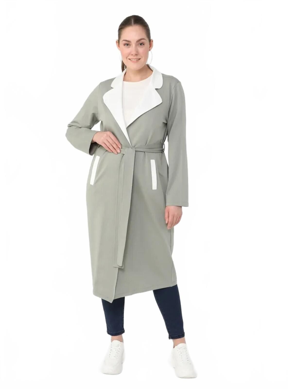 The Unbranded Brand Women's Long Belted Coat with Contrasting Collar and Pocket Size XL / US 12-14 / IT 48-50 - 1 Thumbnail
