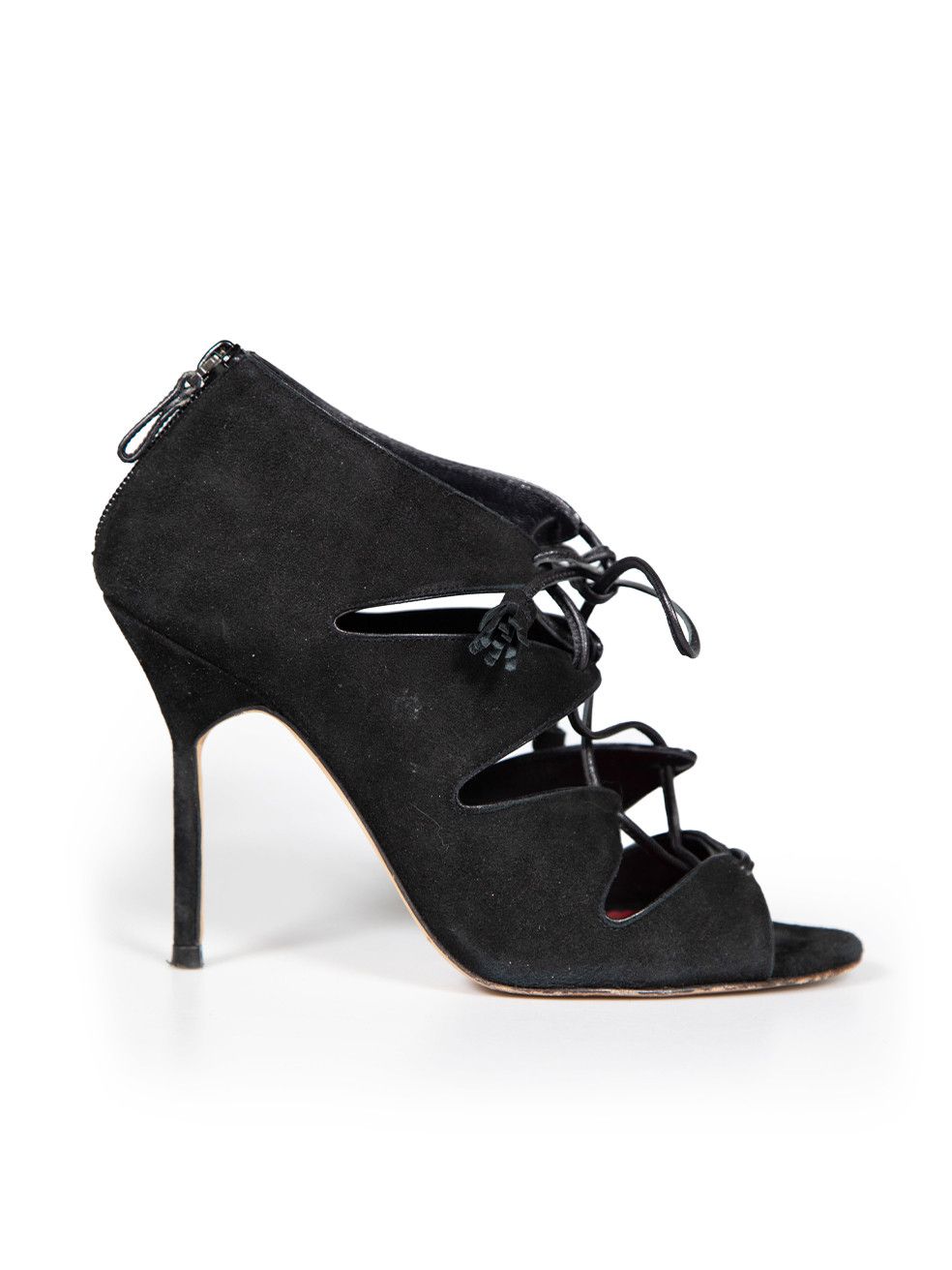 image of Carolina Herrera Black Suede Lace Up Ankle Sandals, Women's (Size 7)