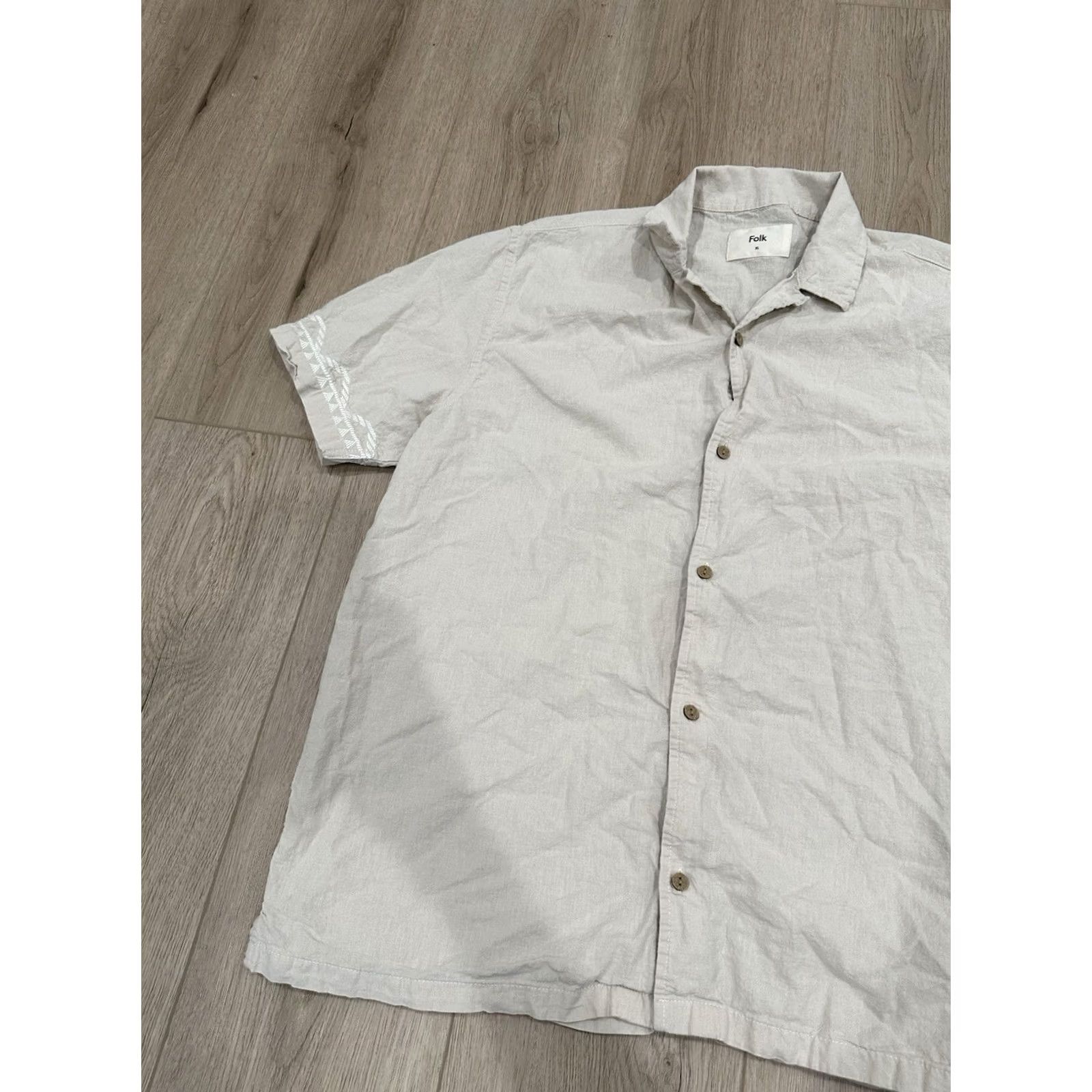 Folk Folk Shirt XL Beige Linen Cotton Blend Camp Collar Short Sleeve Button-Up Mens Size US XL / EU 56 / 4 - 3 Thumbnail