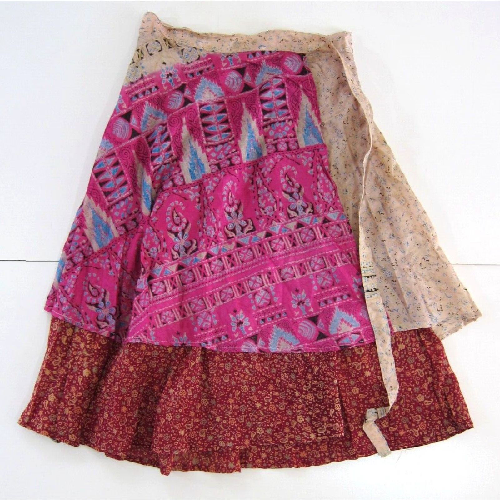 Pinko VINTAGE India Silk Red Pink Blue Floral Paisley Long Reversible Wrap Skirt OS Size 42" / US 20 - 6 Thumbnail