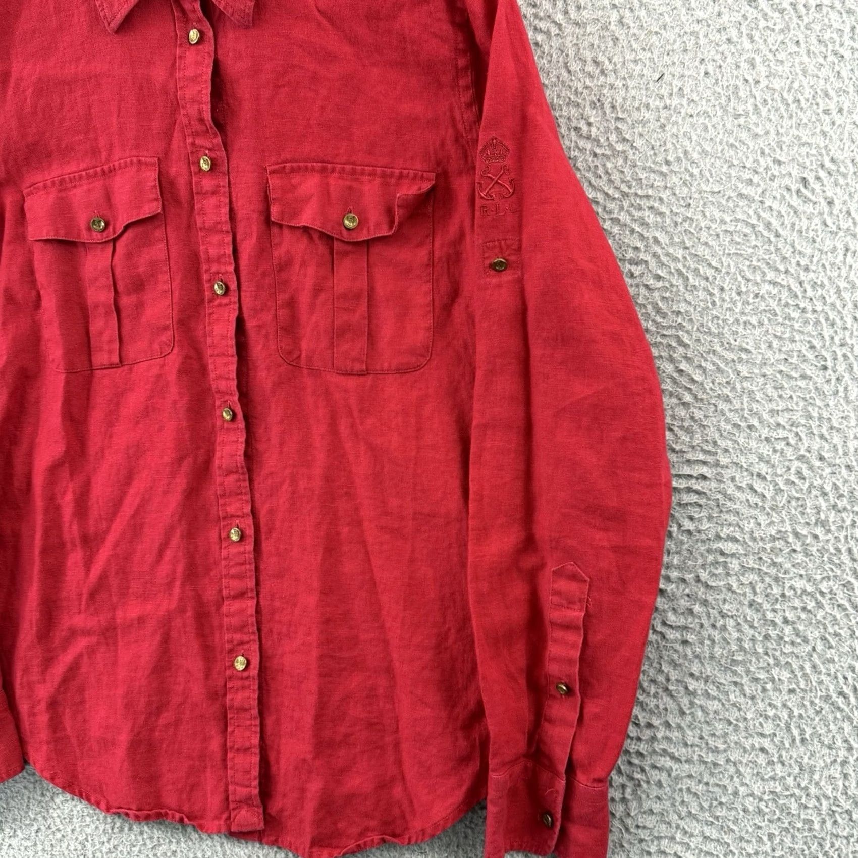 Ralph Lauren Lauren Ralph Lauren Shirt Women Small Red 100% Linen Button Long Sleeve Nautical Satin? Size S / US 4 / IT 40 - 5 Thumbnail