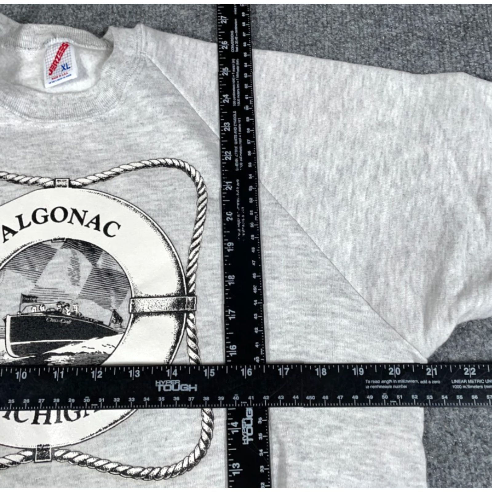 Jerzees VTG 80s Algonac Michigan Boat Print Sweatshirt Jerzees Mens Adult Medium XL Tag Knit Raglan Crew Neck Lightweight Graphic Print Vintage USA Made Gray Size US M / EU 48-50 / 2 - 5 Thumbnail