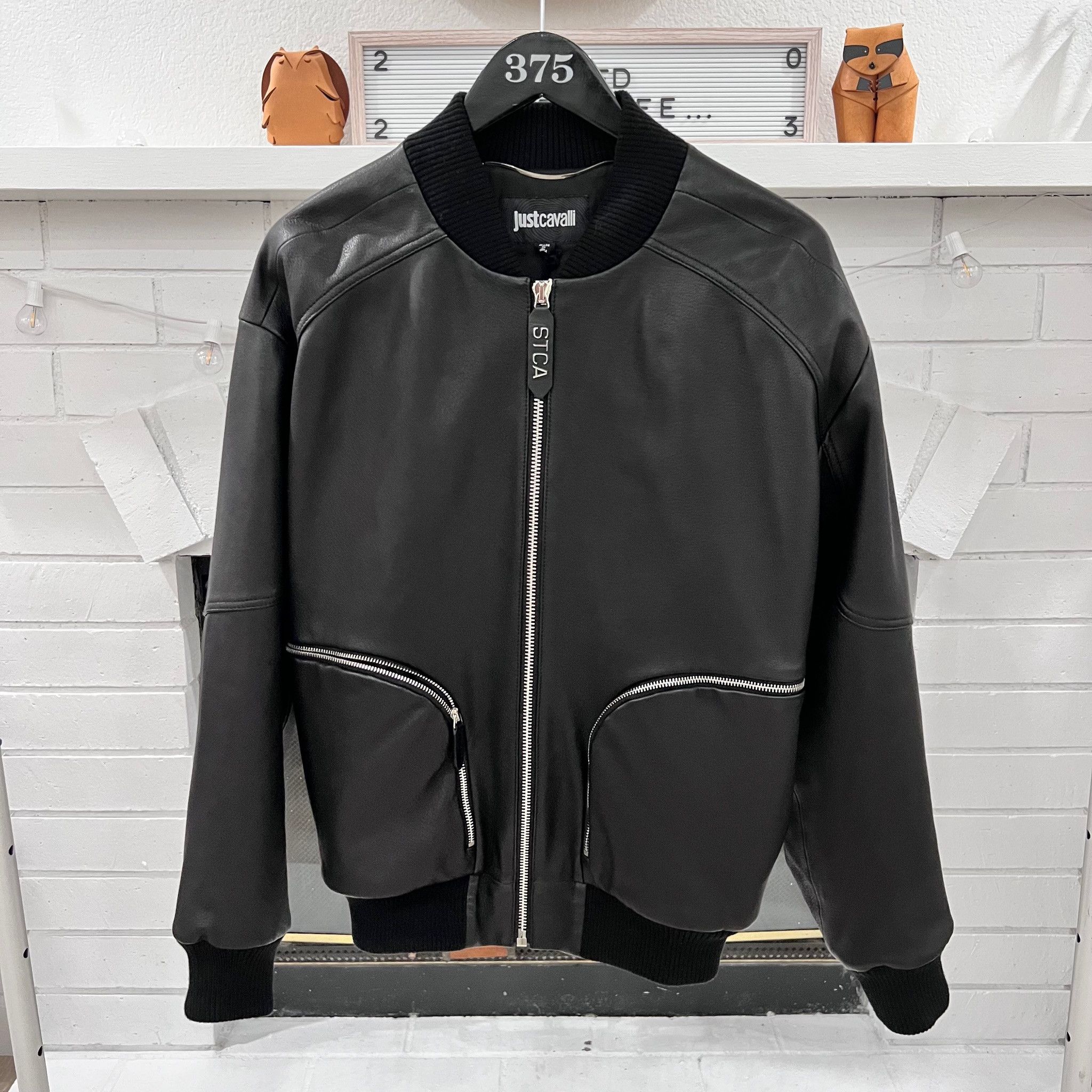 image of Just Cavalli Two Zip Pockets Bomber Leather Jacket - Black in Black Silver, Men's (Size Medium)