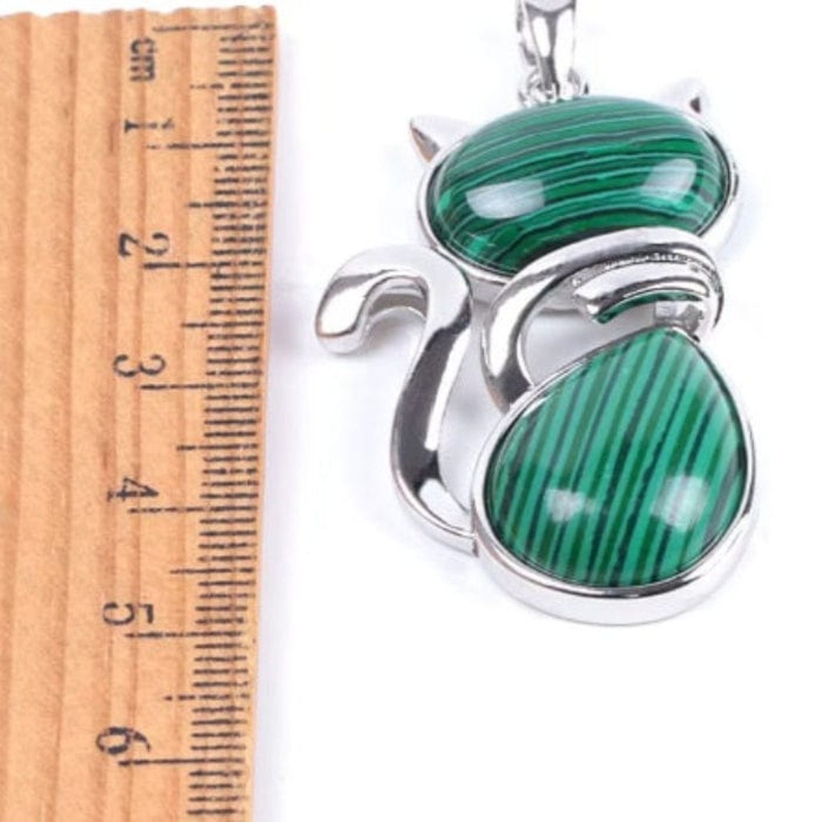 Other Malachite Synthetic Stone Cat Pendant - Platinum Plated 50mm Size ONE SIZE - 4 Thumbnail