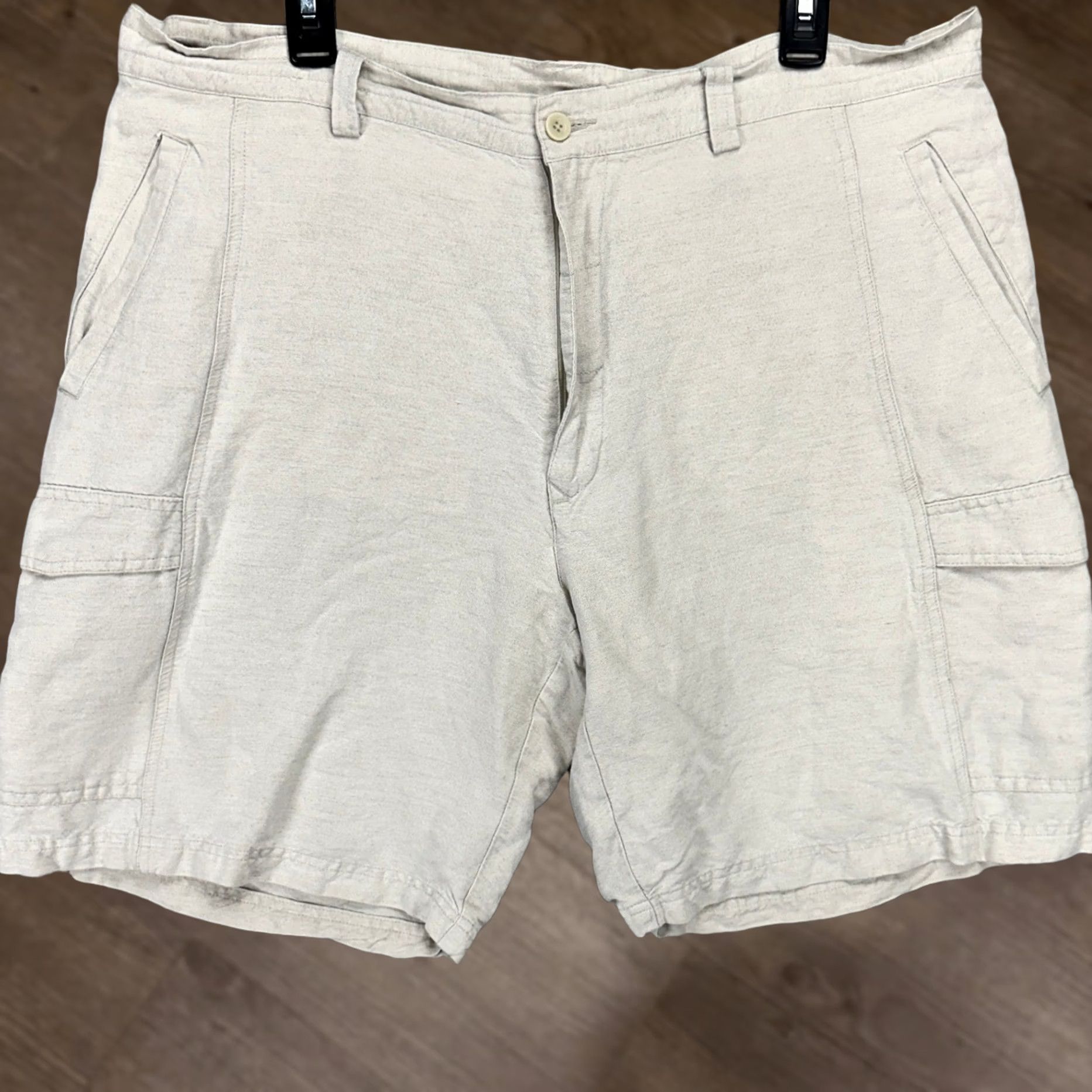 Cubavera Cubavera Mens Linen Blend Shorts 38 Cream Flat Front Cargo Pocket Casual Outdoor Size US 38 / EU 54 - 1 Thumbnail