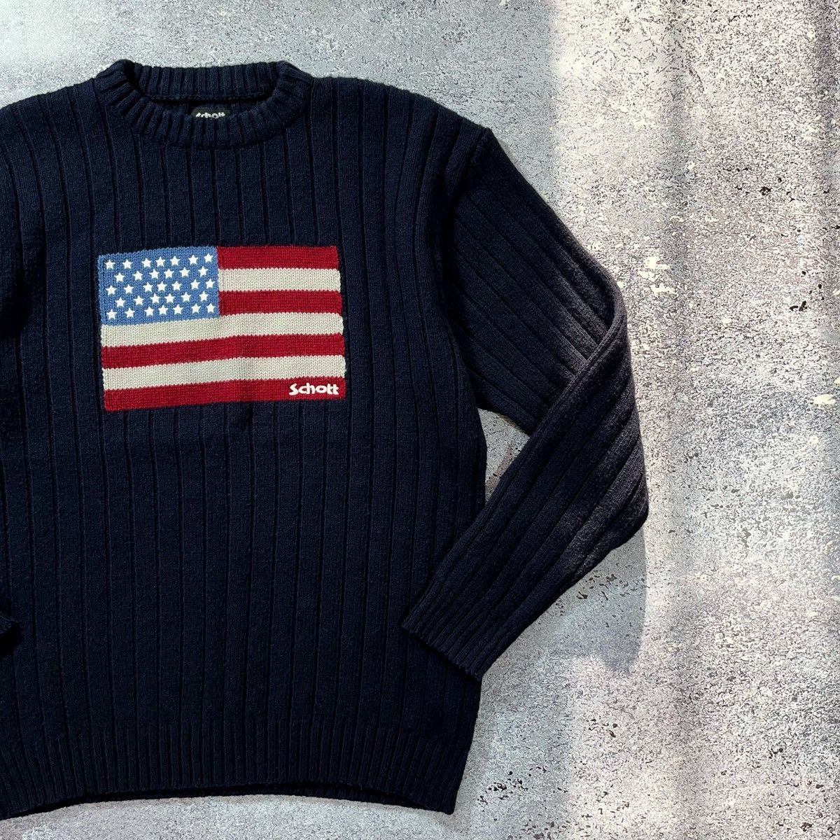 Schott × Vintage 90’s Schott N.Y.C. Big Logo American Flag Knit Sweaters Size US XL / EU 56 / 4 - 5 Thumbnail