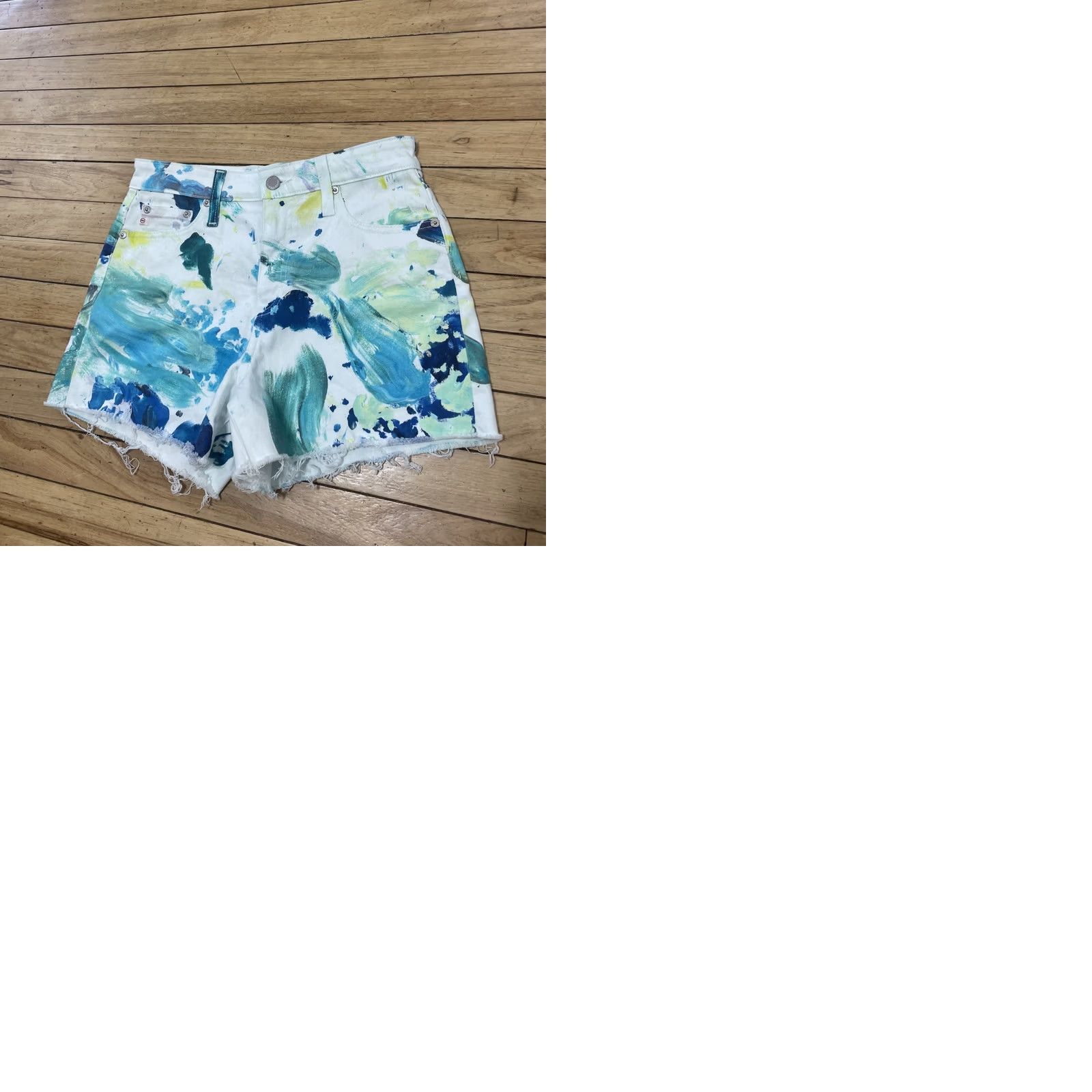 Vintage AG Adriano Goldschmied Alexxis Shorts Women 27R High Rise Wedgie White Green Art Casual Denim 5-Pocket Boho Festival 90s Mens Womens Girls Boys Size 27" / US 4 / IT 40 - 11 Thumbnail