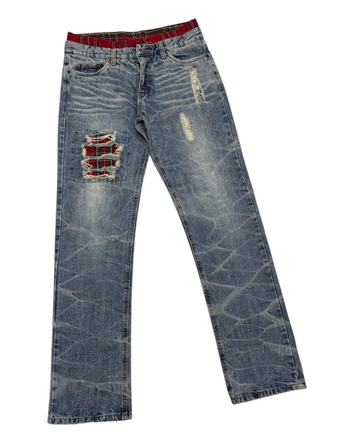 Hysteric Glamour × If Six Was Nine Red Tartan Checked Double Waist Jean Distressed Denim Size US 31 - 3 Thumbnail