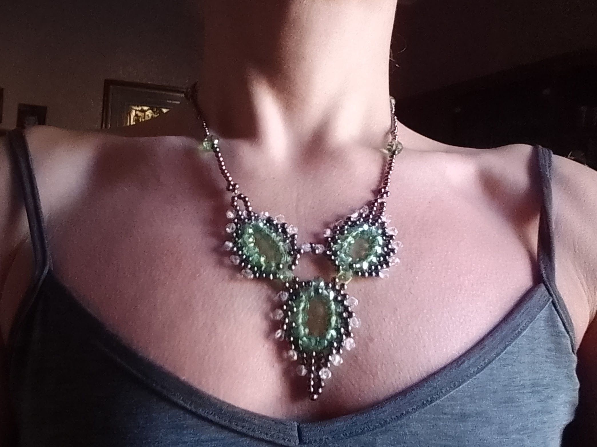 Handmade Necklace Leafy Vintage Elegant Green Crystal Embroidered Size ONE SIZE - 6 Thumbnail