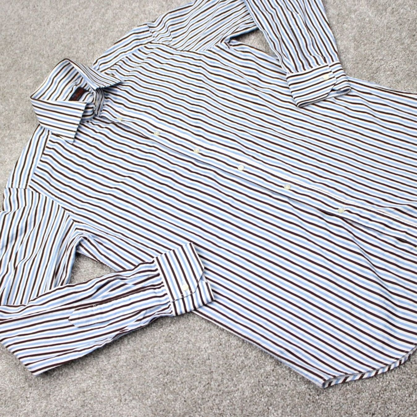 Etro ETRO Dress Shirt Mens 39 Blue/Brown Striped 100% Cotton Long Sleeve Button Up Shirt Size 40R - 7 Thumbnail