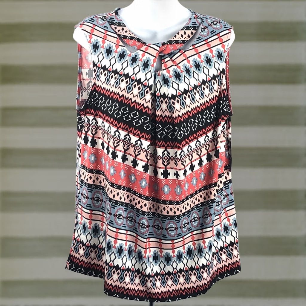 Vintage Robert Louis sleeveless top L blk coral geo cut out hippie boho tribal geometric shirt Womens 90s festival style Size L / US 10 / IT 46 - 1 Thumbnail