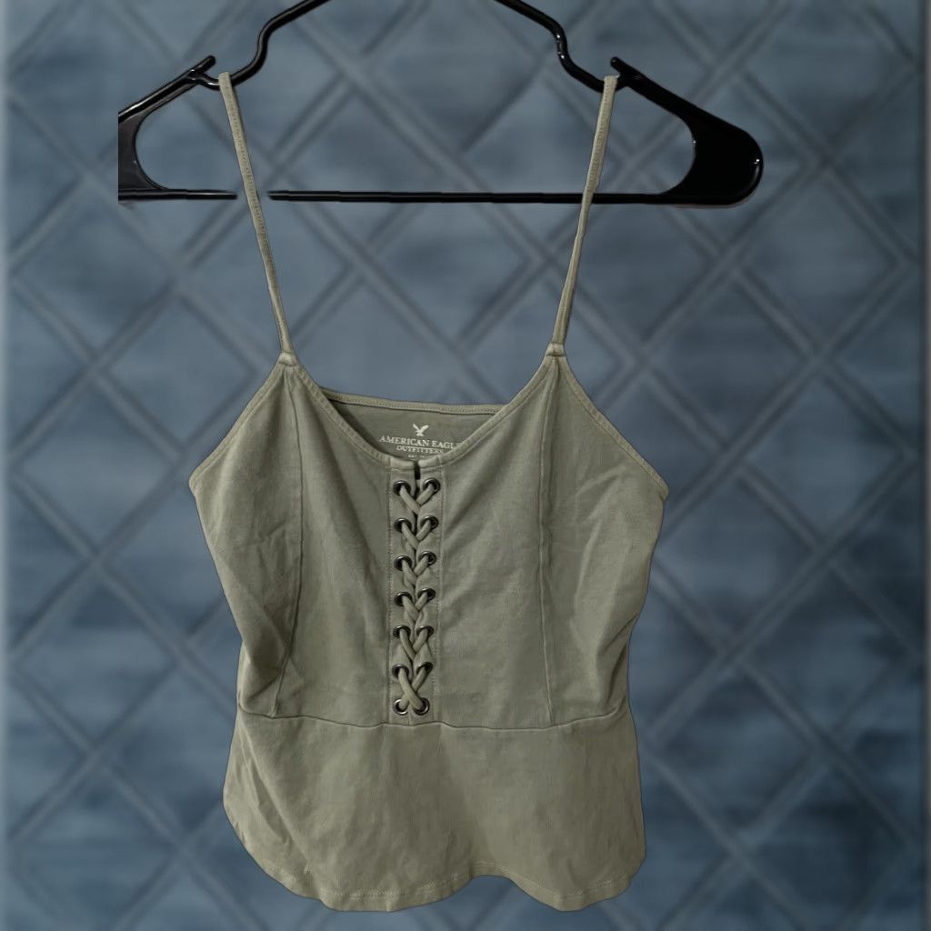 American Eagle Outfitters American Eagle Outfitters Women's Camisole Medium Green Tie Front Sleeveless Bohemian Tank Size ONE SIZE - 1 Thumbnail