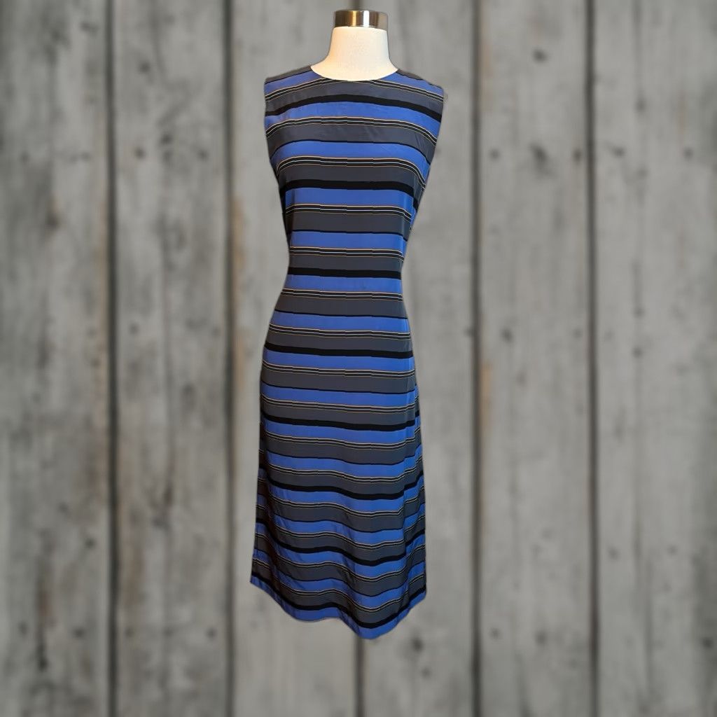 No. 6 Dress Shift Silk Blue Small Midi Pockets Round Neck Buttoned Casual Party/Cocktail Travel Workwear Women