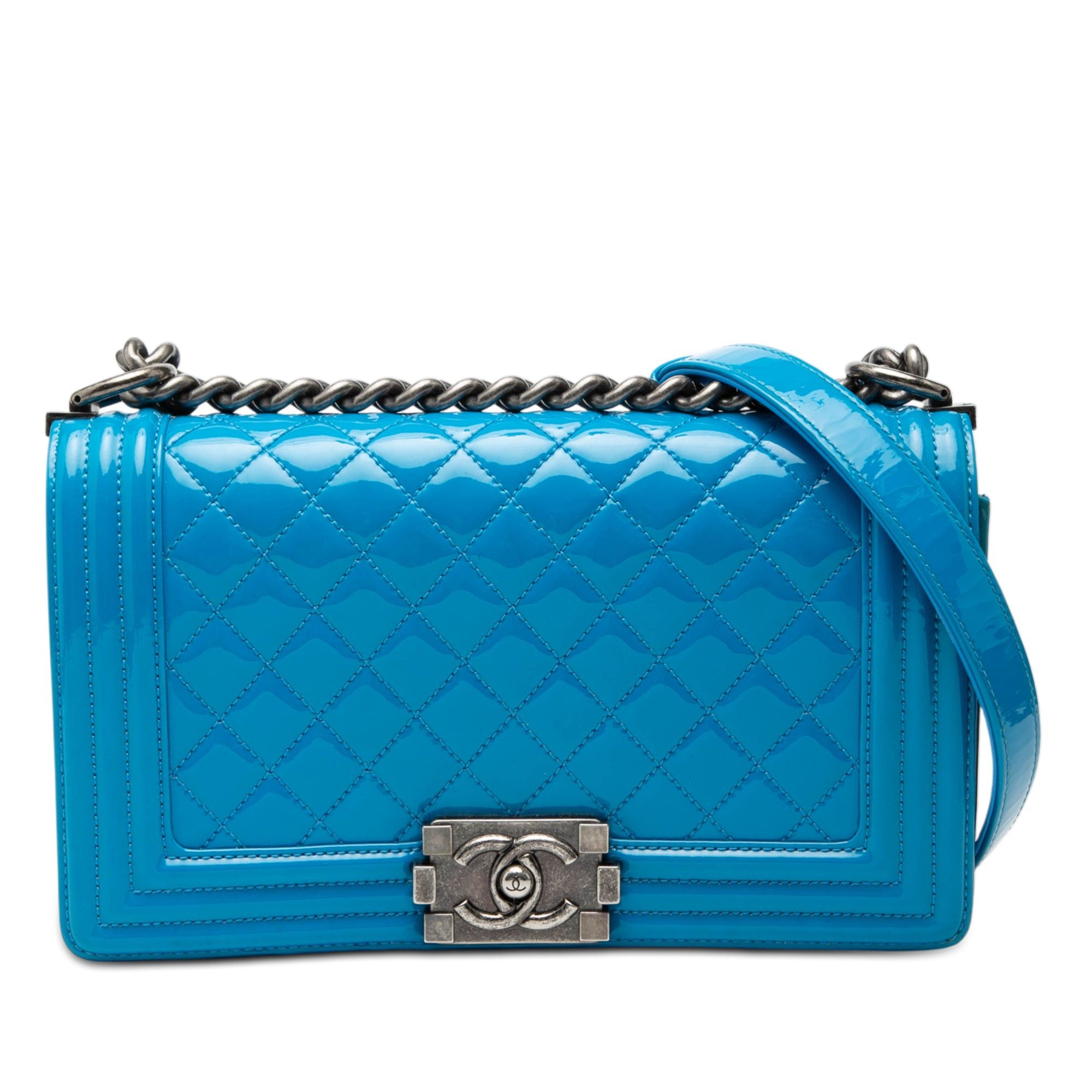 Chanel Old Medium Quilted Patent Boy Flap in Blue, Women's