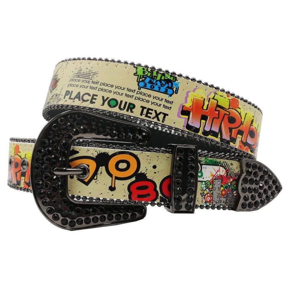 image of Graffiti Black Rhinestone Pu Leather Belt in Mix, Men's