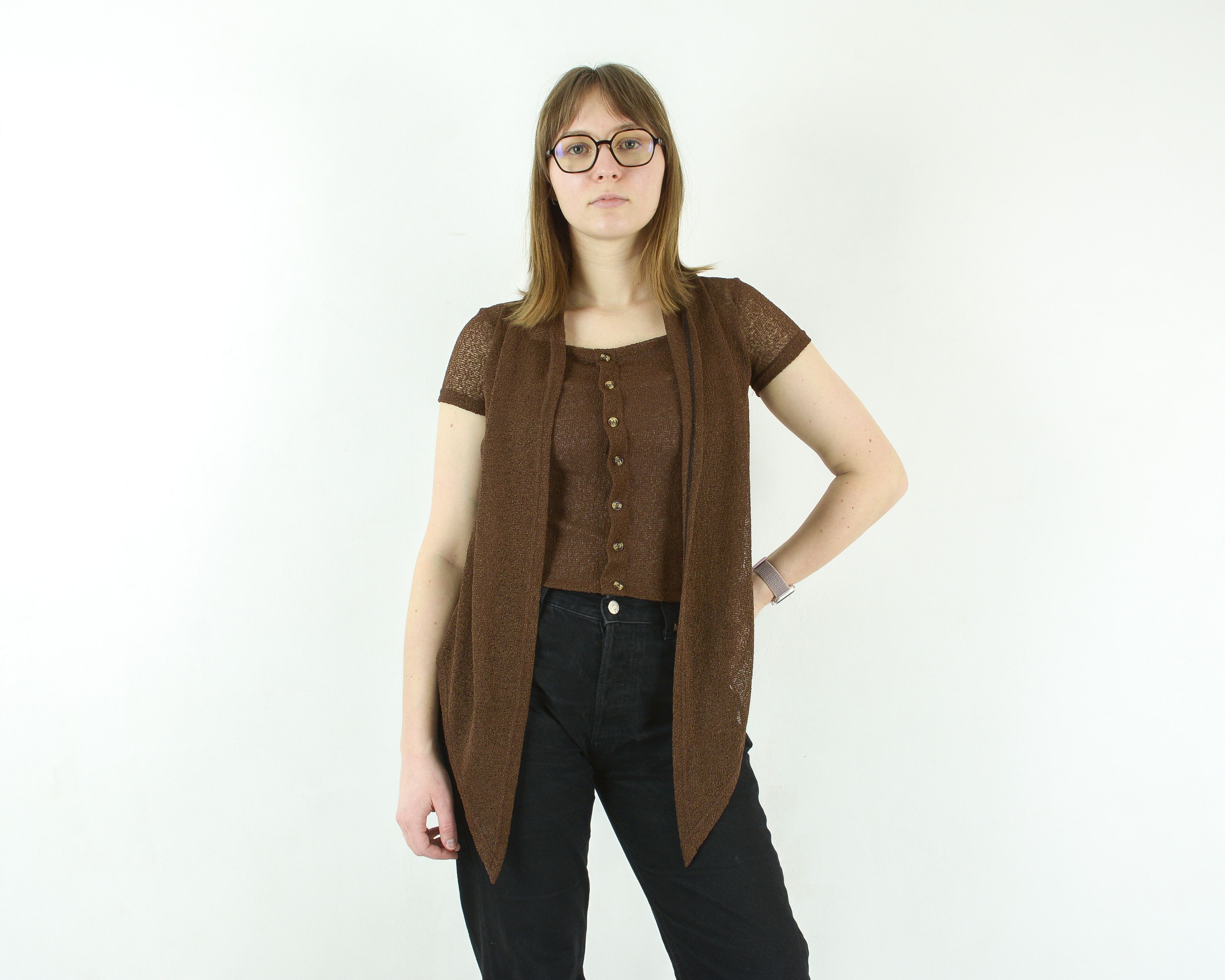 Other × Vintage See Through Blouse Shirt Button Up Top Brown Short Sleeve Size S / US 4 / IT 40 - 3 Thumbnail