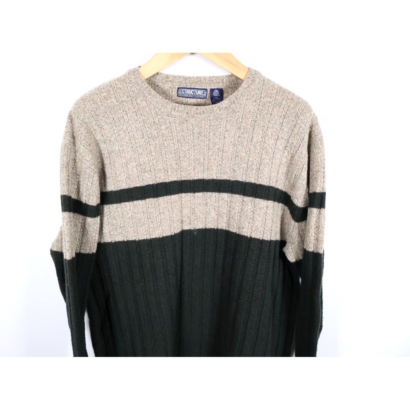 Vintage VTG Structure Wool Sweater Men's Large Beige Black Stripe Ribbed Knit Crewneck Size US L / EU 52-54 / 3 - 4 Thumbnail