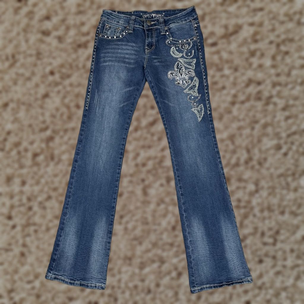 Vintage Trinity Ranch Jeans Bootcut Junior 5 Blue Mid Rise Embroidered Rhinestone Studded Embellished 29x34 Casual Western Cowboy Womens Size 27" / US 4 / IT 40 - 1 Thumbnail