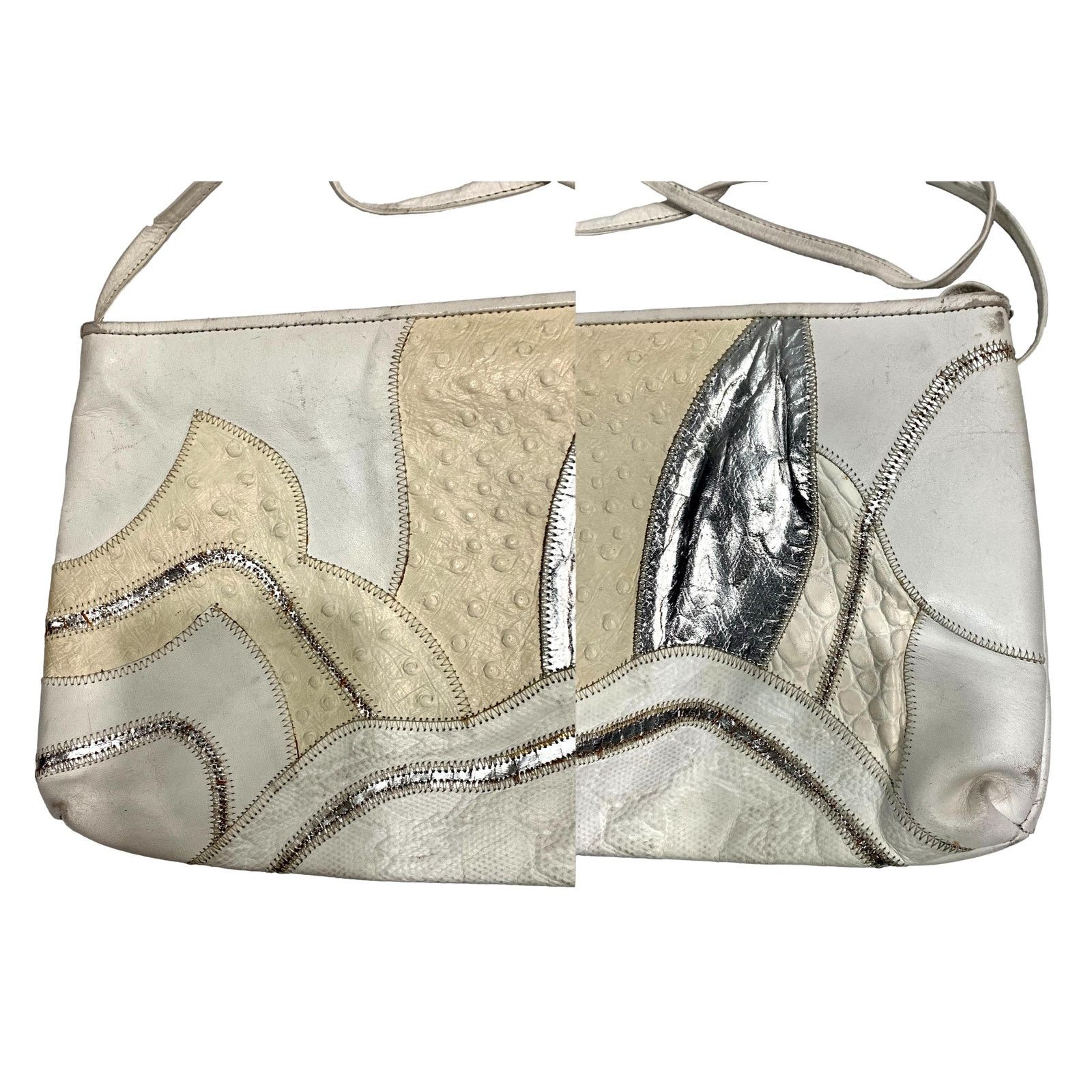 Genuine Leather × Vintage 80s White & Silver Leather Mixed Up Patchwork Shoulder Bag Size ONE SIZE - 7 Thumbnail