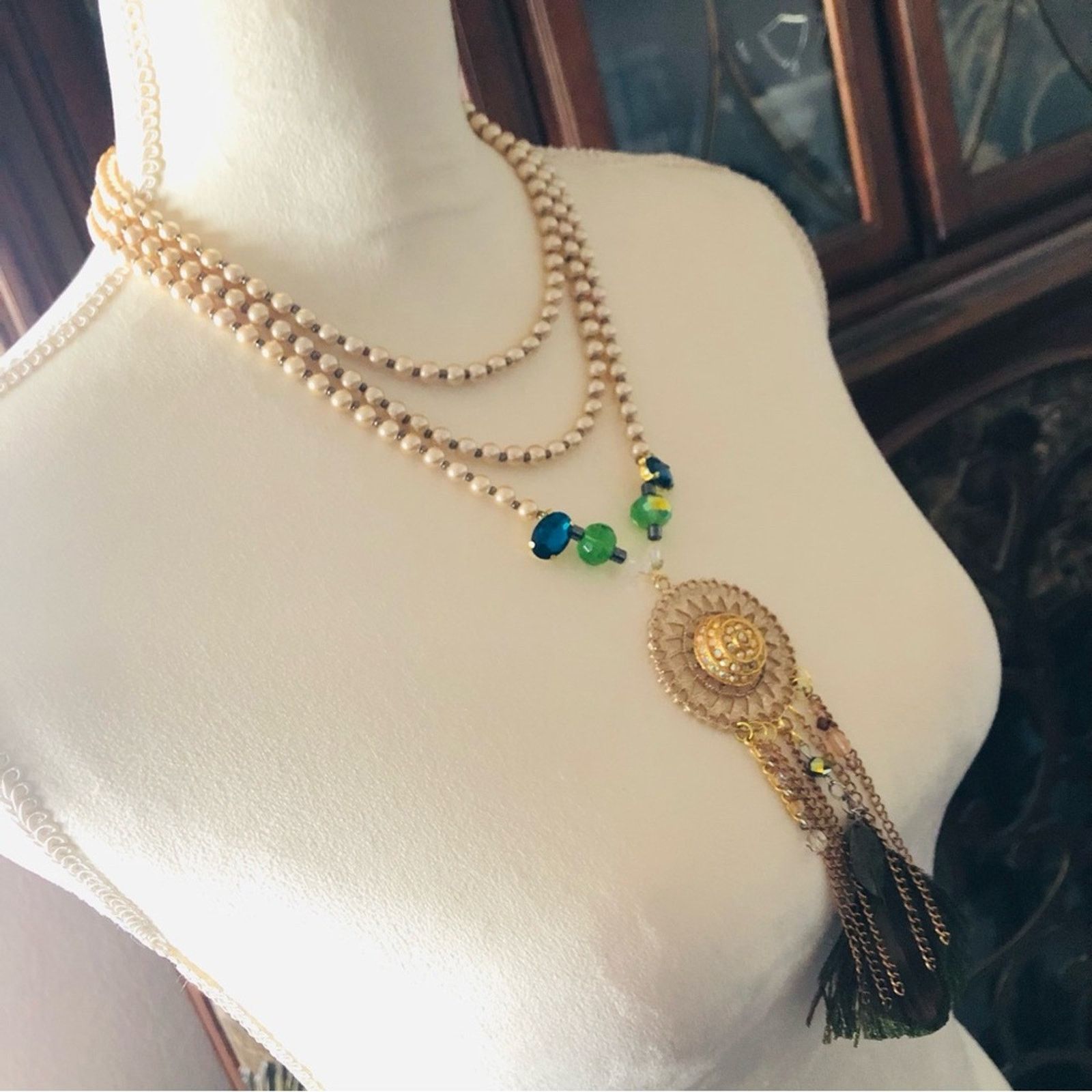 Handmade Handcrafted filigree pendant Pearl genuine emerald necklac Size ONE SIZE - 4 Thumbnail