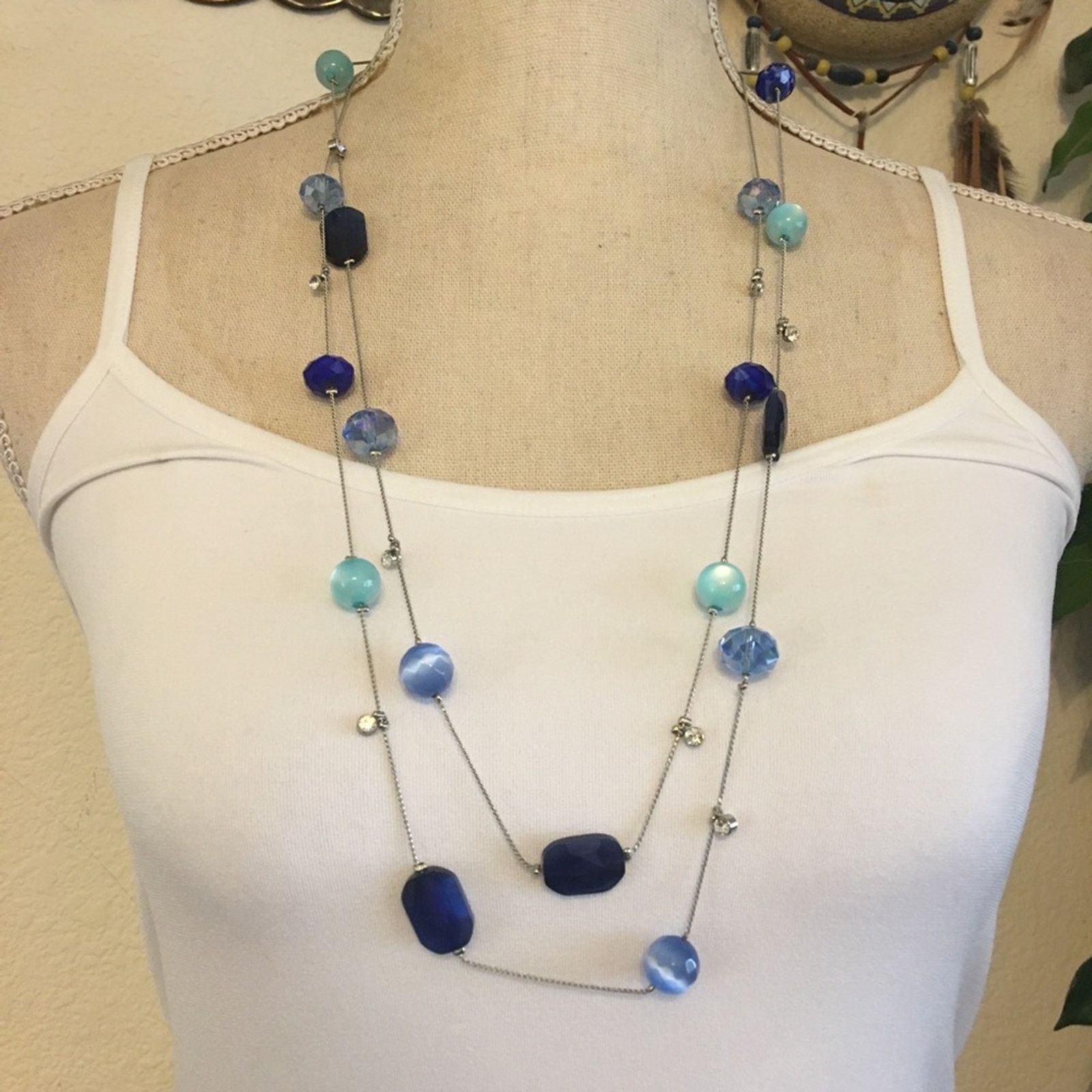 Jewelry Blue Tone Glass Beaded Silver Tone Chain Necklace, Women's