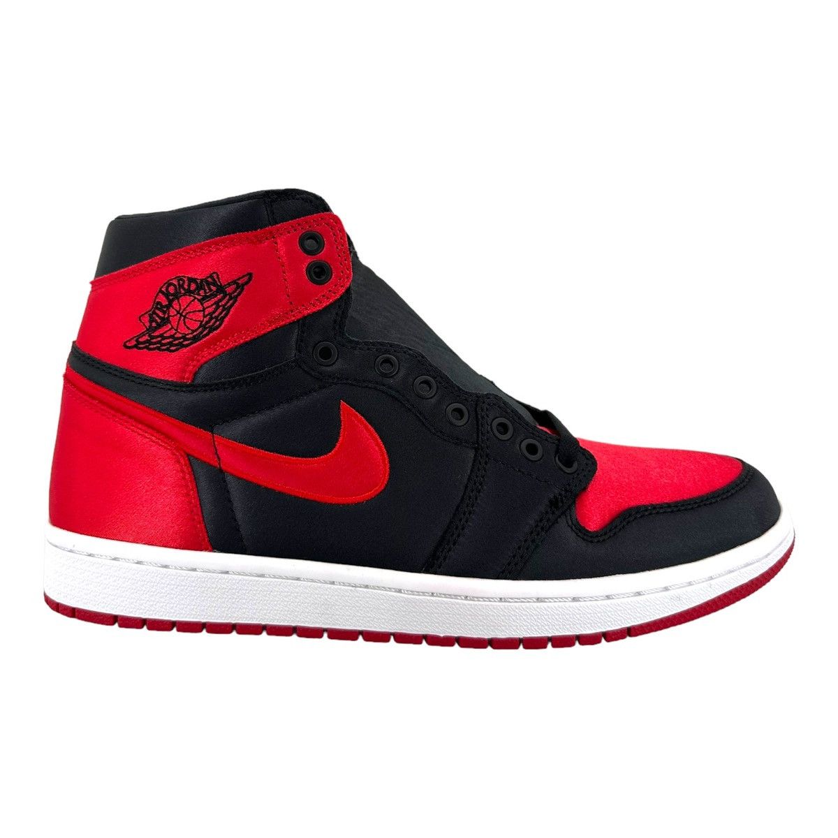 image of Air Jordan Retro 1 High Satin Banned (Numbered) Shoes in Black, Men's (Size 10)