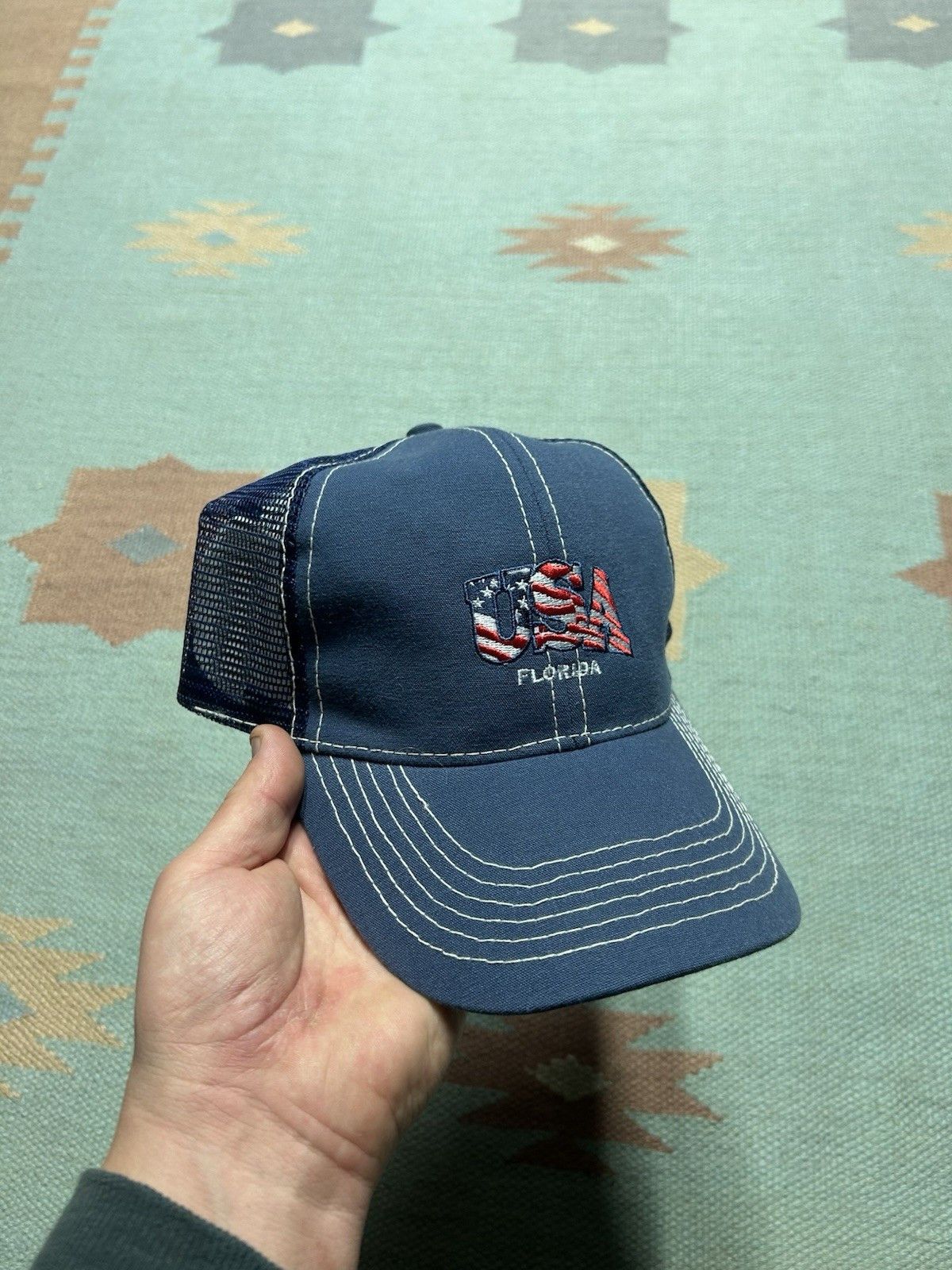 Vintage Vtg trucker hat Florida USA American flag blue snapback Size ONE SIZE - 1 Thumbnail