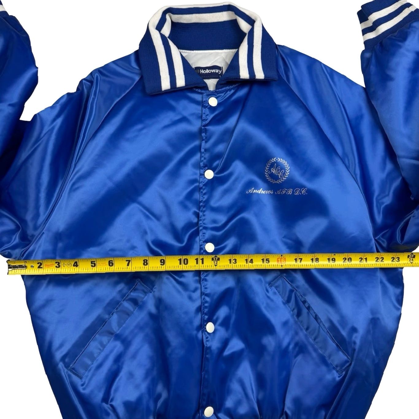 Holloway VINTAGE Air Force Base Holloway Satin Bomber Jacket Blue Large Navy Embroidered Logo, Staff, Quilted Lining, Air Force One, Nylon, Solid, Men Size US L / EU 52-54 / 3 - 7 Thumbnail