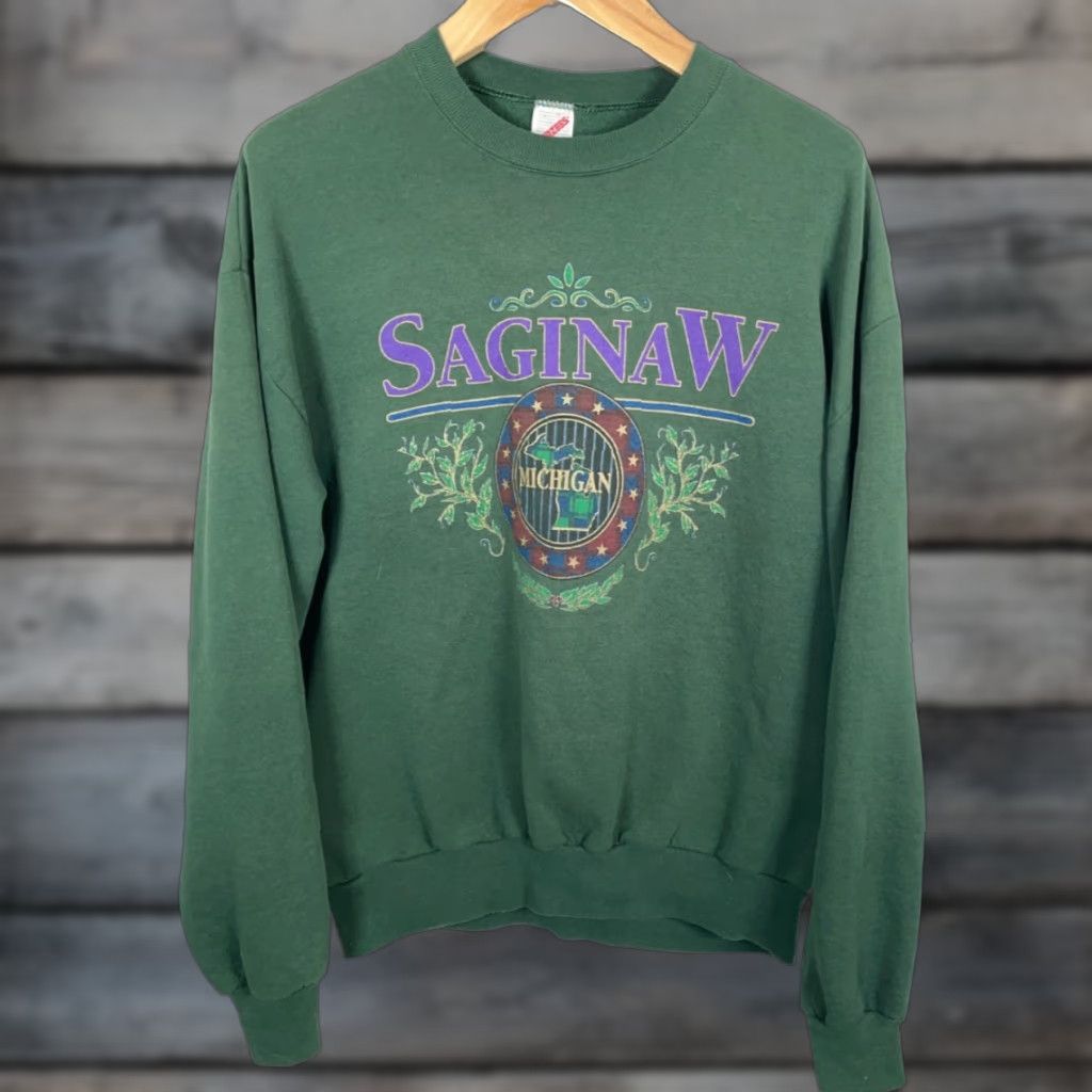 Jerzees Vintage Yes Saginaw Michigan 90s Sweatshirt Jerzees Tag 50/50 XL Green Crewneck Pullover Cotton Polyester Cotton Blend Adult Men United States Size US XL / EU 56 / 4 - 1 Thumbnail