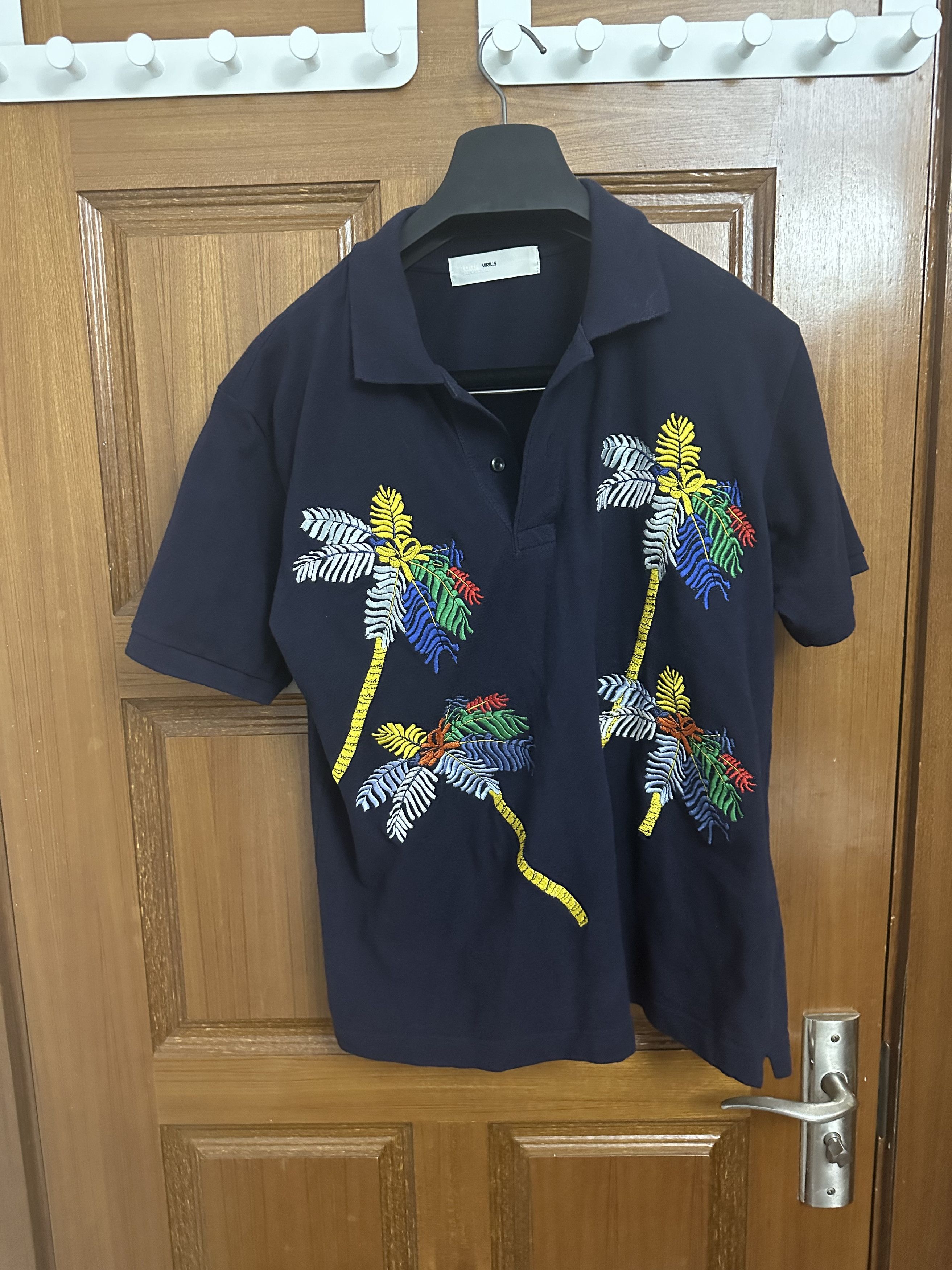 image of Toga Pulla Toga Palm Tree Embroidery Polo Shirt Top in Blue, Men's (Size Medium)